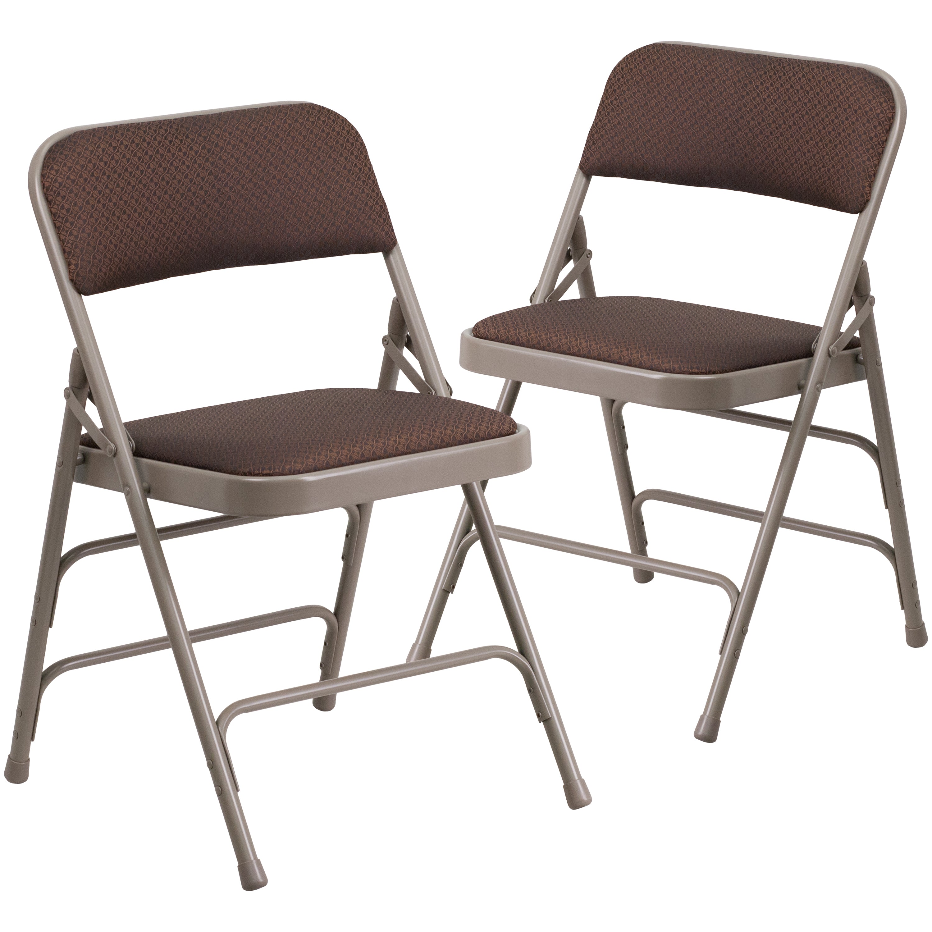 2 Pack HERCULES Series Curved Triple Braced & Double Hinged Brown Patterned Fabric Metal Folding Chair