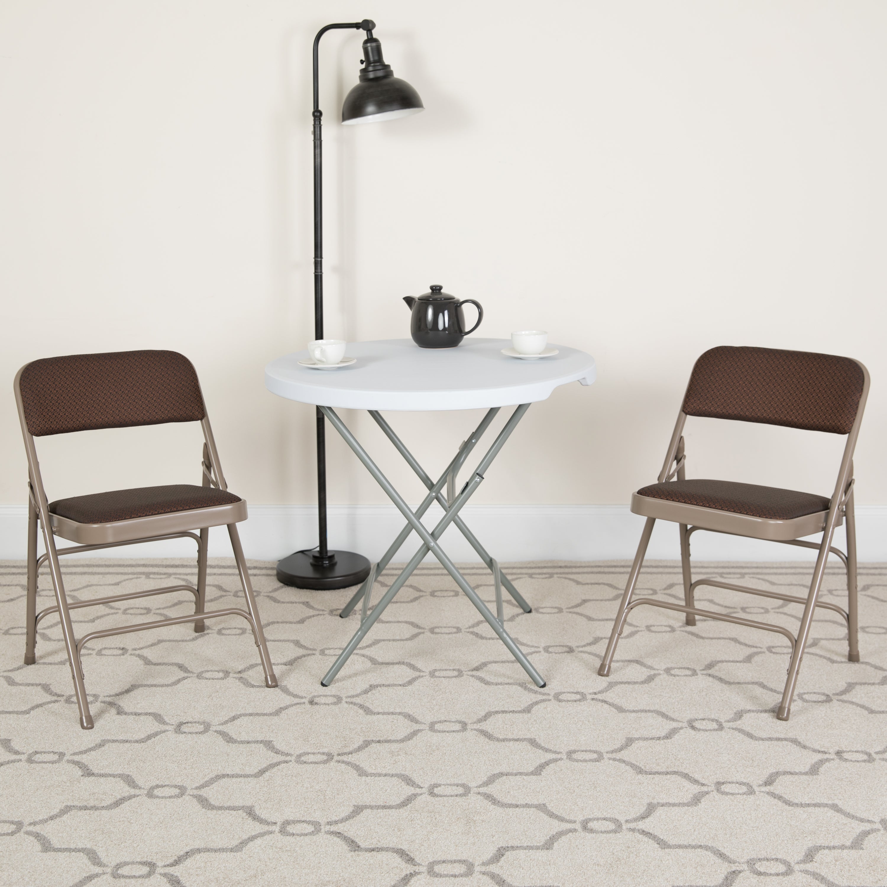 2 Pack HERCULES Series Curved Triple Braced & Double Hinged Brown Patterned Fabric Metal Folding Chair