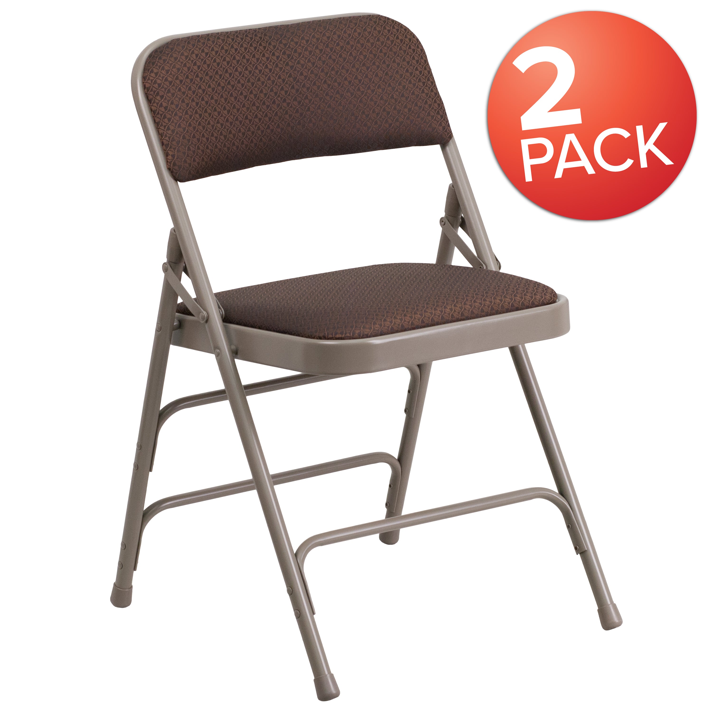 2 Pack HERCULES Series Curved Triple Braced & Double Hinged Brown Patterned Fabric Metal Folding Chair