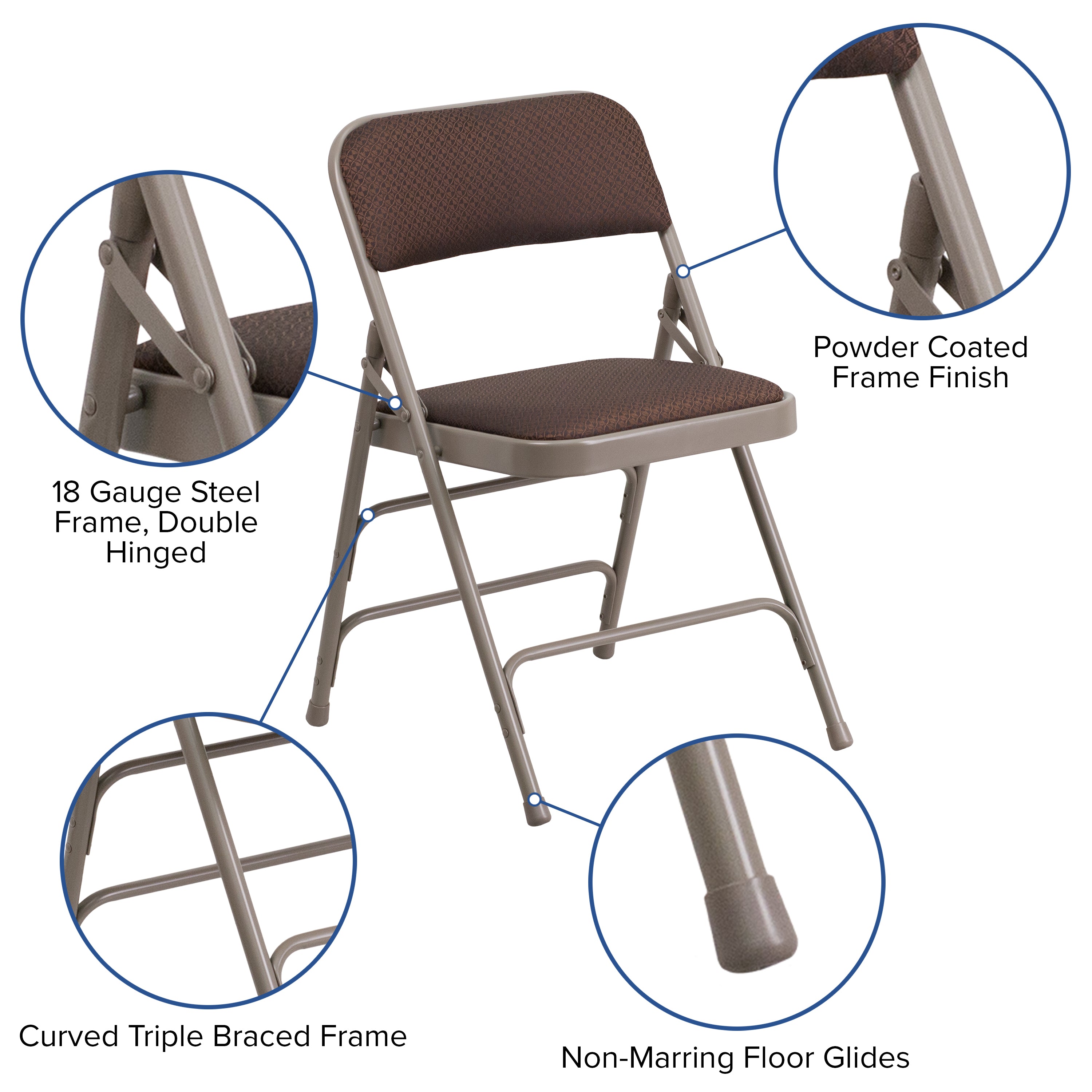 2 Pack HERCULES Series Curved Triple Braced & Double Hinged Brown Patterned Fabric Metal Folding Chair