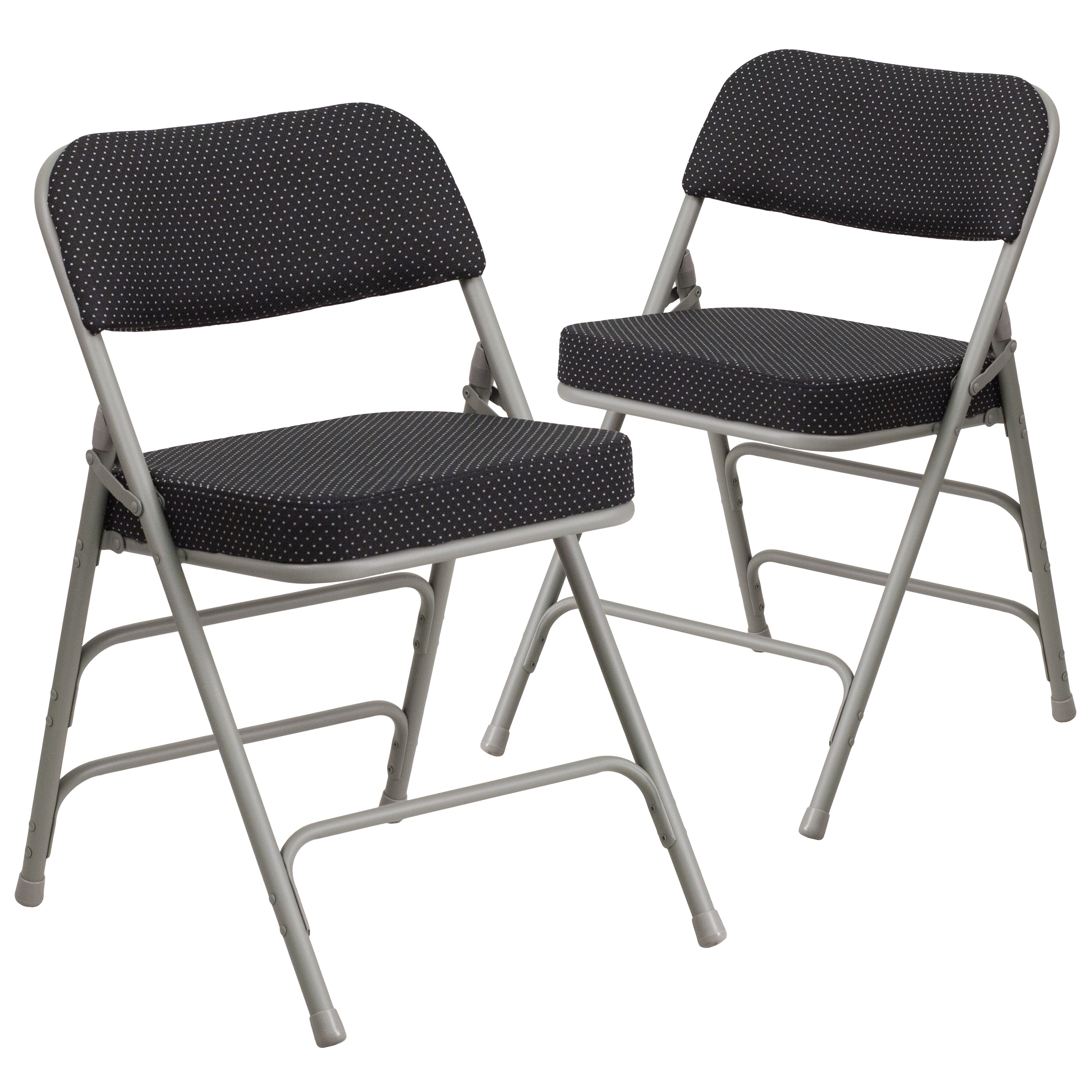 2 Pack HERCULES Series Premium Curved Triple Braced & Double Hinged Black Pin-Dot Fabric Metal Folding Chair