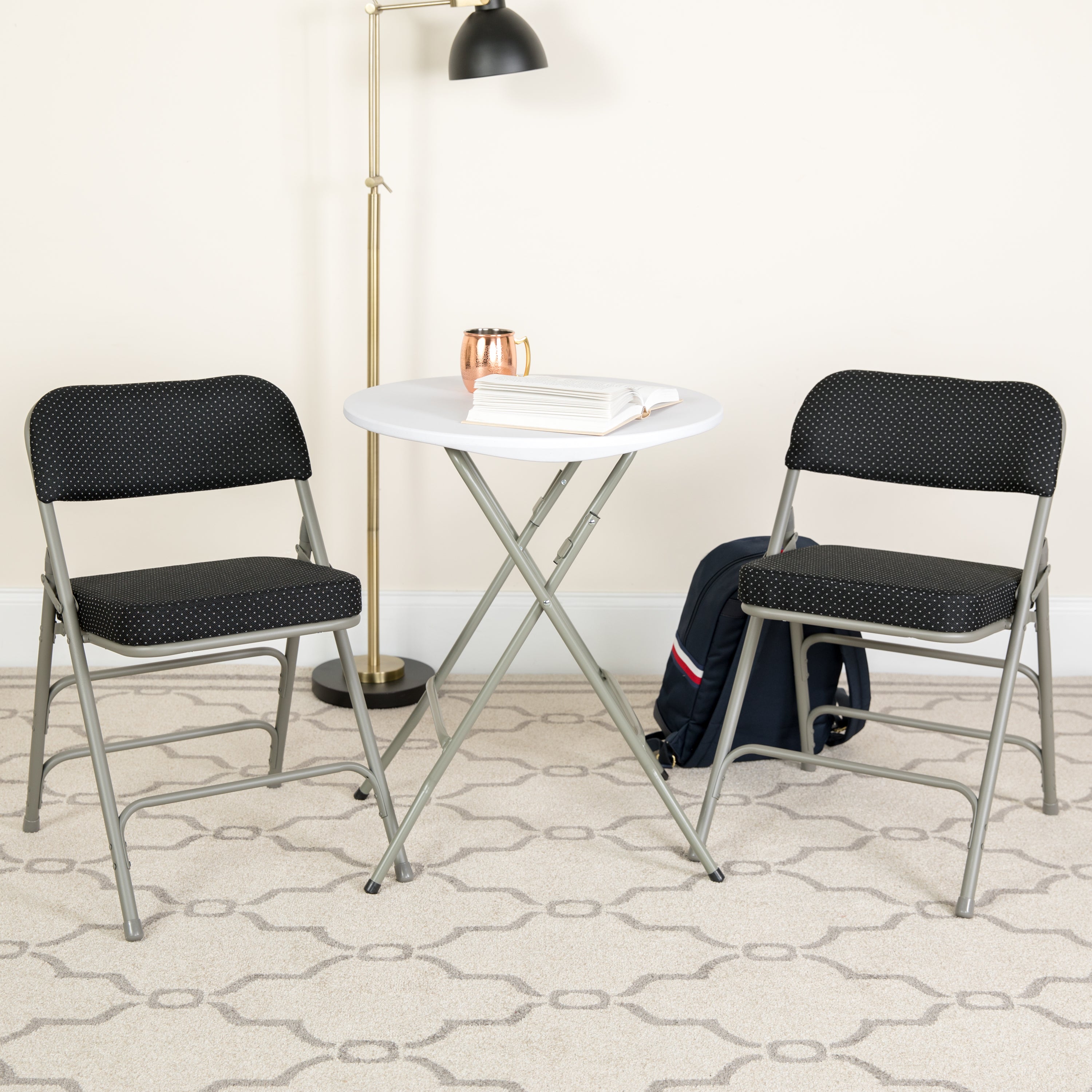 2 Pack HERCULES Series Premium Curved Triple Braced & Double Hinged Black Pin-Dot Fabric Metal Folding Chair