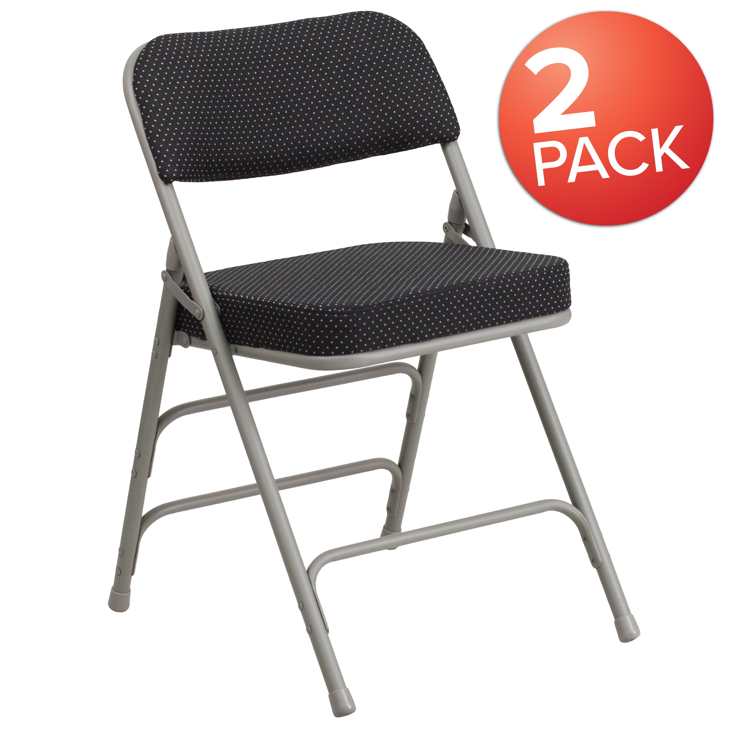 2 Pack HERCULES Series Premium Curved Triple Braced & Double Hinged Black Pin-Dot Fabric Metal Folding Chair