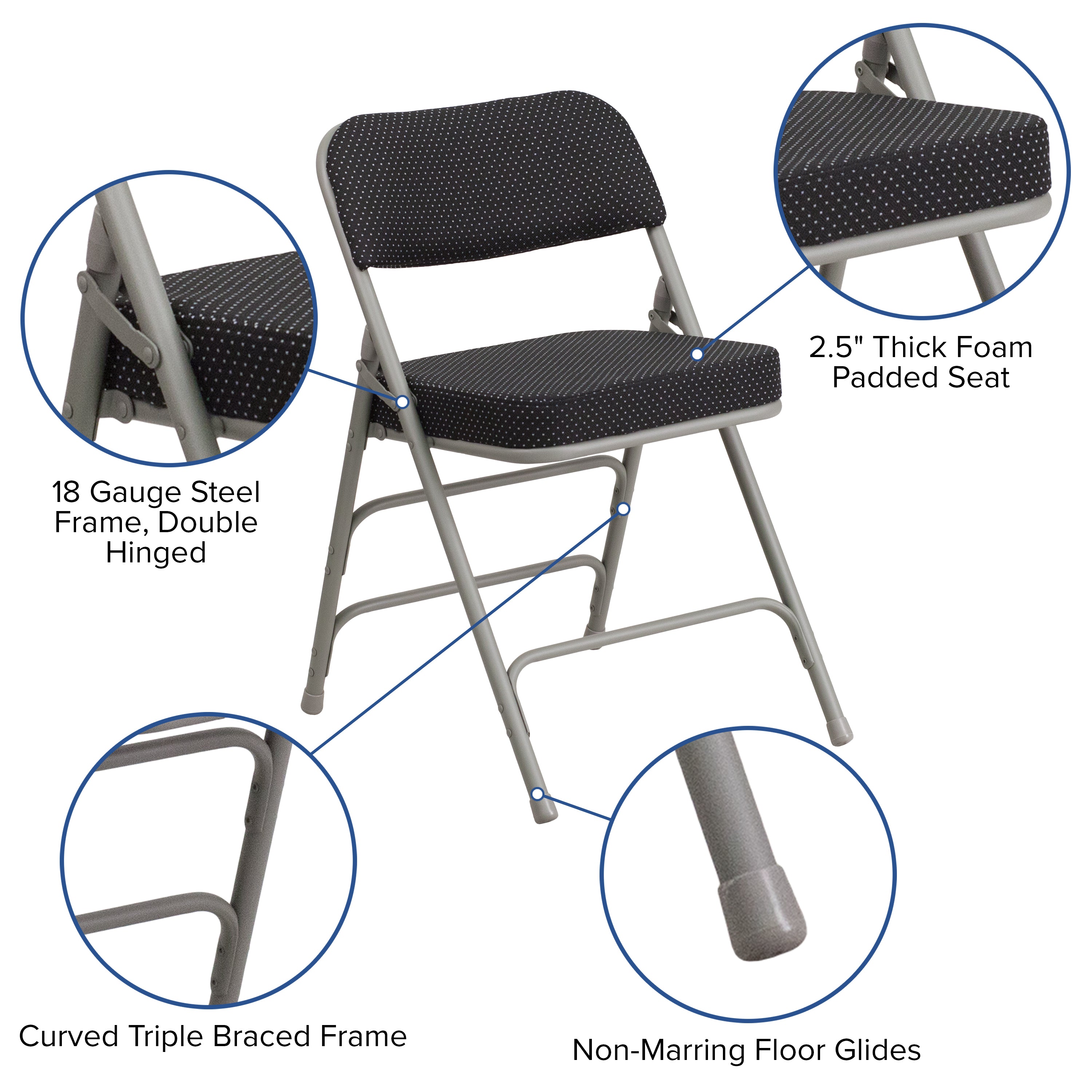 2 Pack HERCULES Series Premium Curved Triple Braced & Double Hinged Black Pin-Dot Fabric Metal Folding Chair