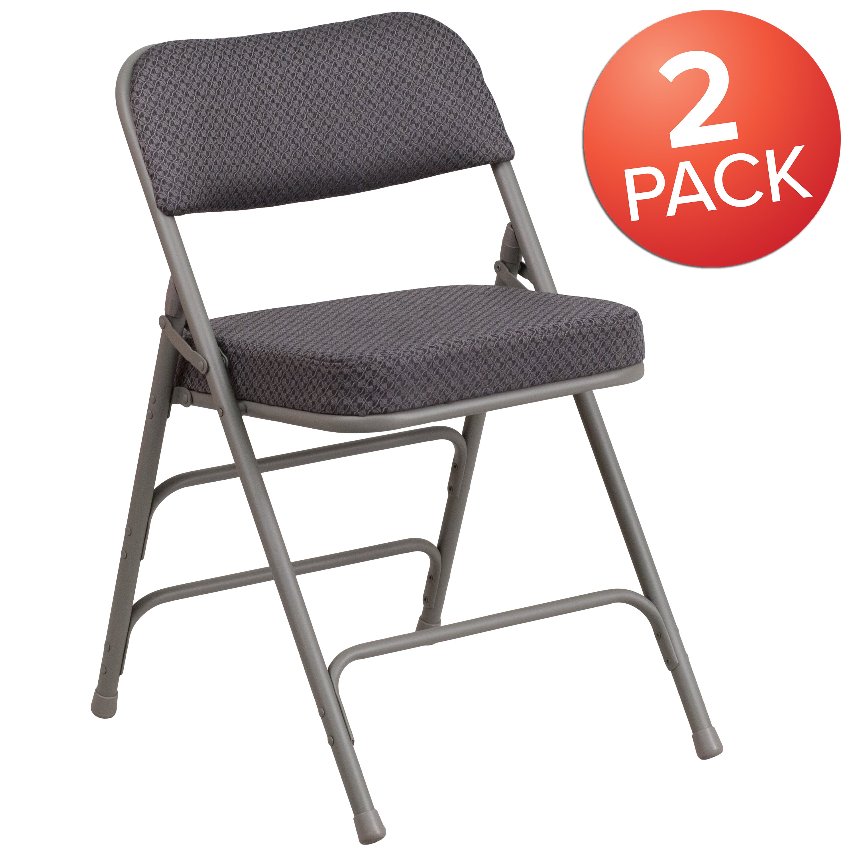 2 Pack HERCULES Series Premium Curved Triple Braced & Double Hinged Gray Fabric Metal Folding Chair