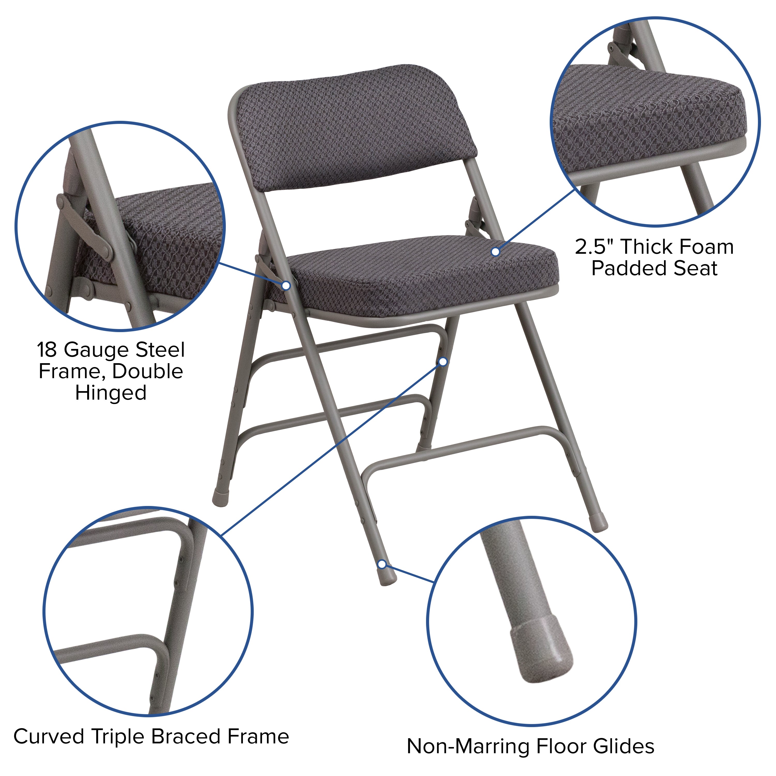 2 Pack HERCULES Series Premium Curved Triple Braced & Double Hinged Gray Fabric Metal Folding Chair