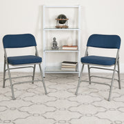2 Pack HERCULES Series Premium Curved Triple Braced & Double Hinged Navy Fabric Metal Folding Chair