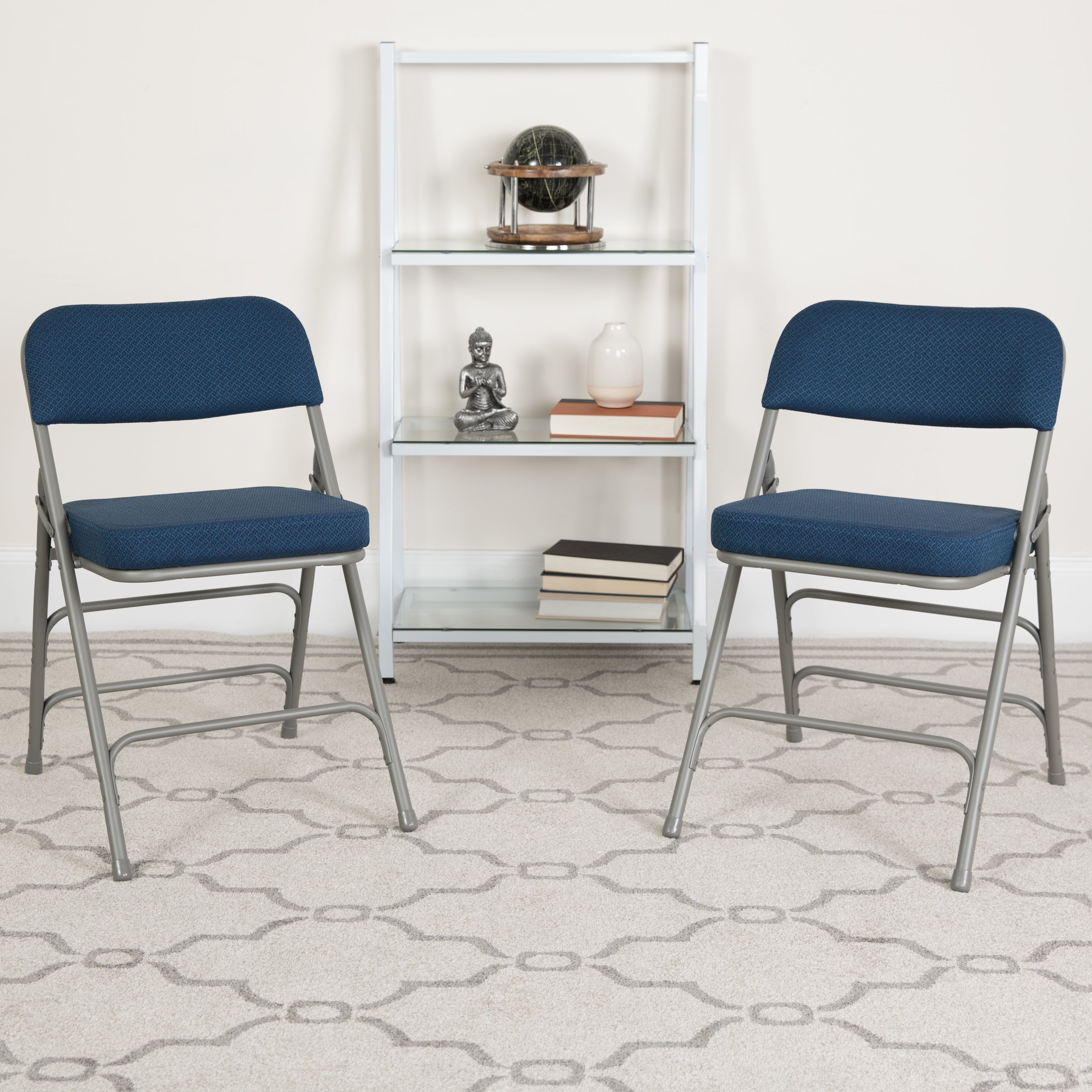2 Pack HERCULES Series Premium Curved Triple Braced & Double Hinged Navy Fabric Metal Folding Chair