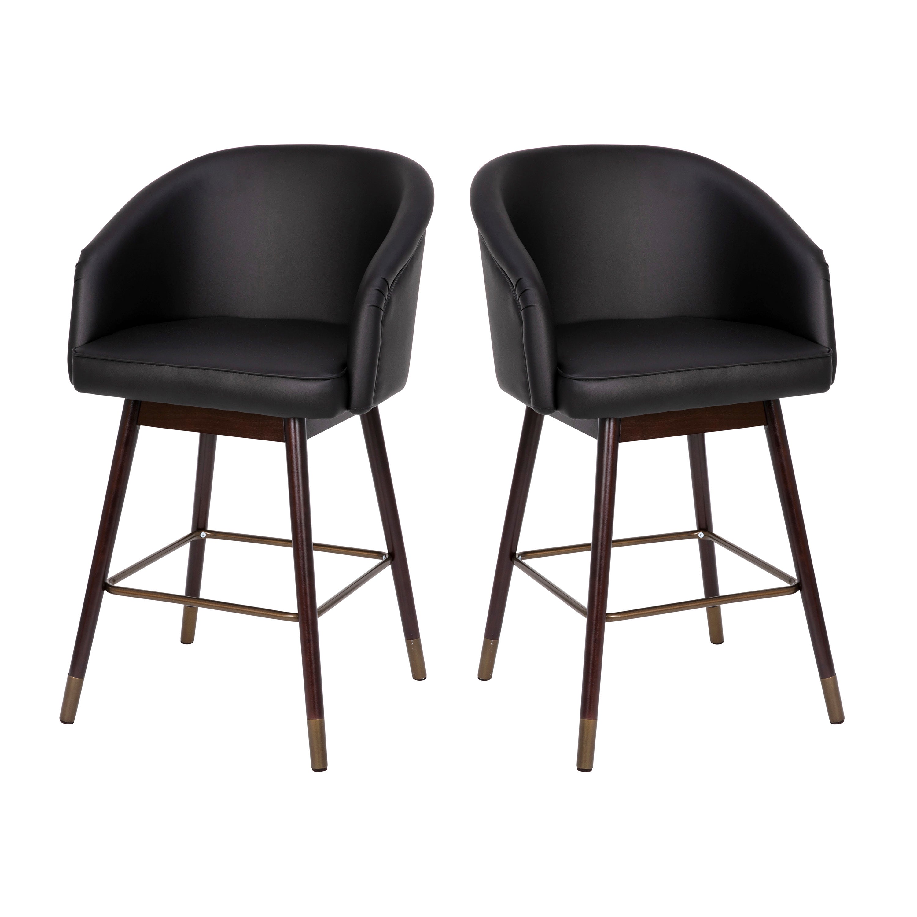 Margo 26" Commercial Mid-Back Modern Counter Stool, Walnut Finish Beechwood Legs and Contoured Back, Black LeatherSoft/Bronze Accents - Set of 2