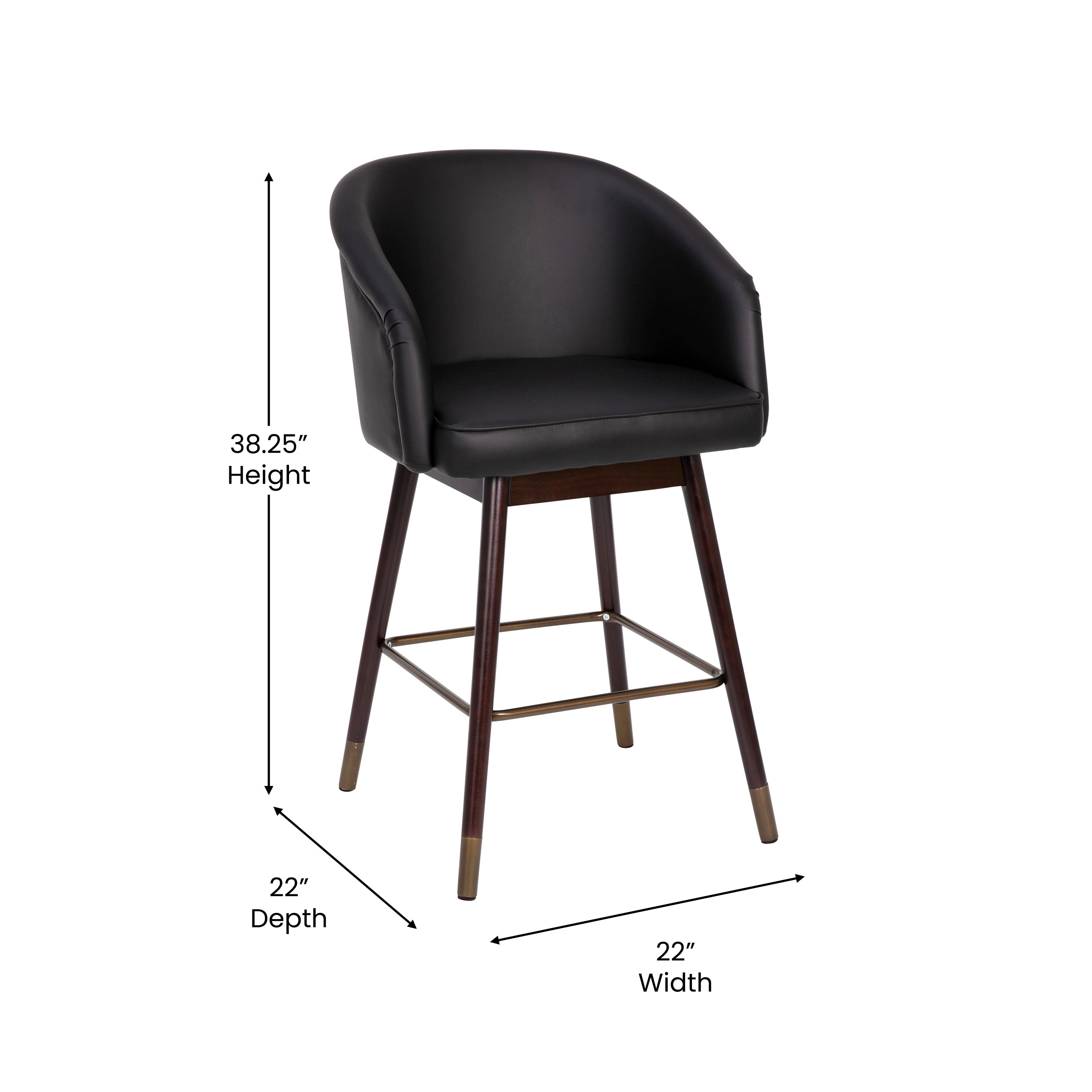 Margo 26" Commercial Mid-Back Modern Counter Stool, Walnut Finish Beechwood Legs and Contoured Back, Black LeatherSoft/Bronze Accents - Set of 2
