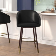 Margo 26" Commercial Mid-Back Modern Counter Stool, Walnut Finish Beechwood Legs and Contoured Back, Black LeatherSoft/Bronze Accents - Set of 2