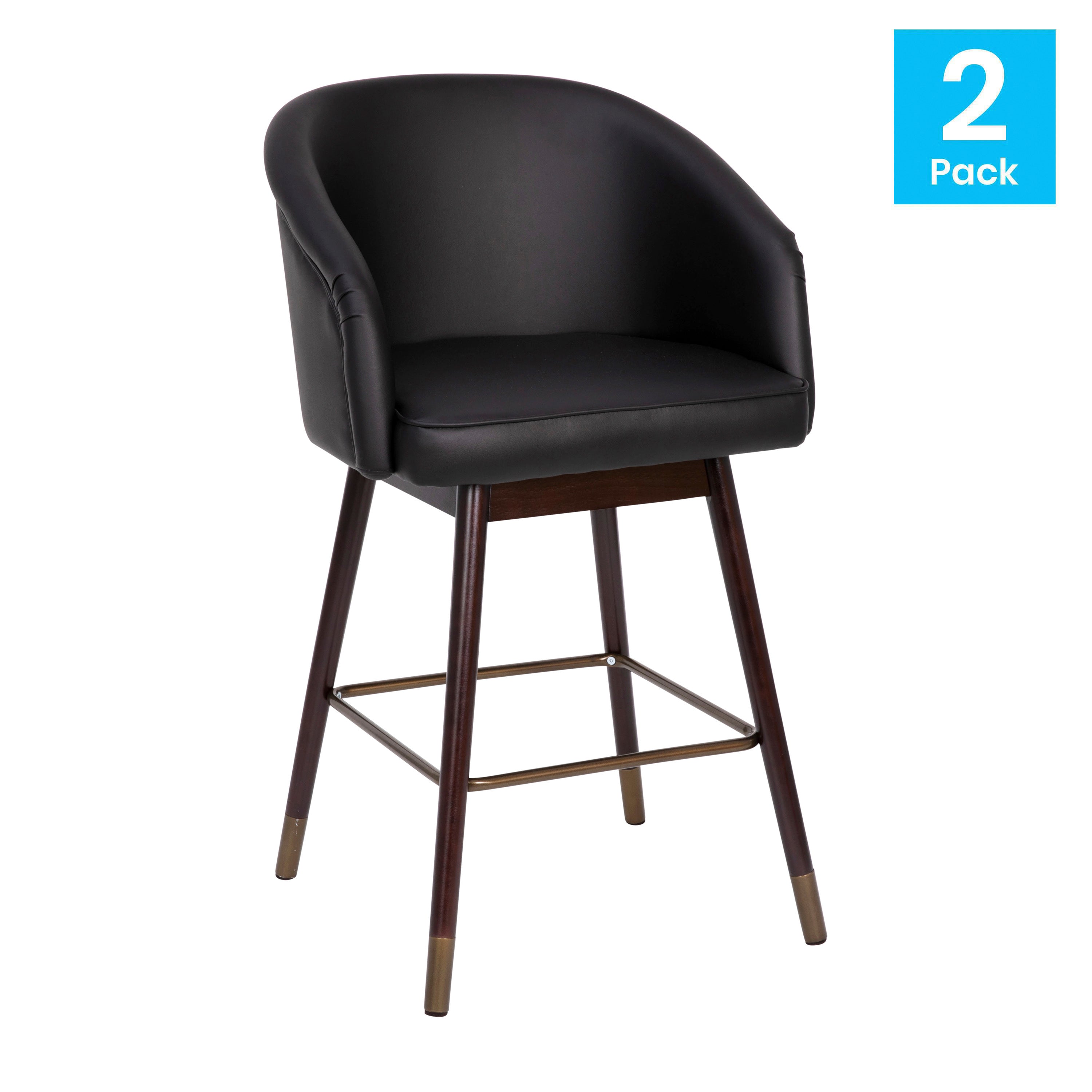 Margo 26" Commercial Mid-Back Modern Counter Stool, Walnut Finish Beechwood Legs and Contoured Back, Black LeatherSoft/Bronze Accents - Set of 2