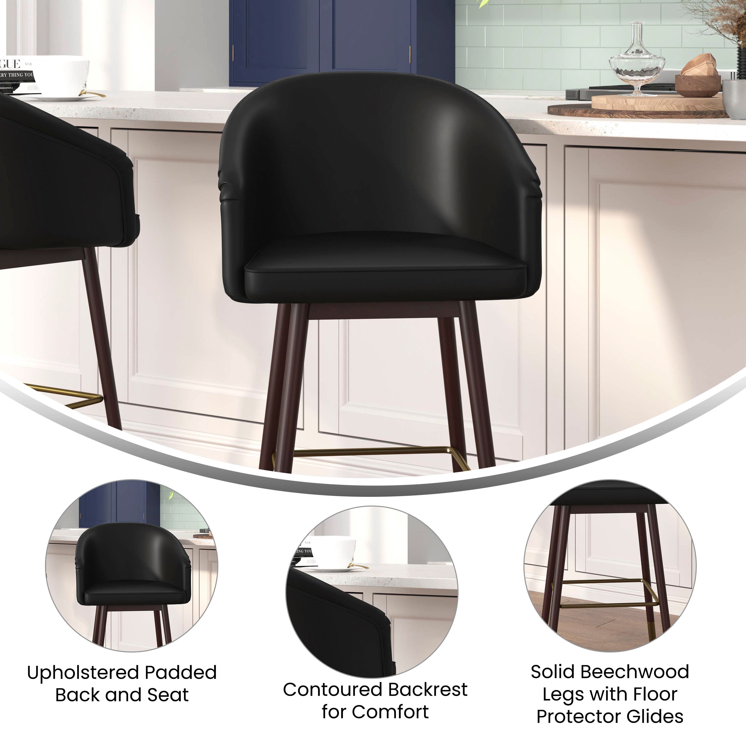 Margo 26" Commercial Mid-Back Modern Counter Stool, Walnut Finish Beechwood Legs and Contoured Back, Black LeatherSoft/Bronze Accents - Set of 2