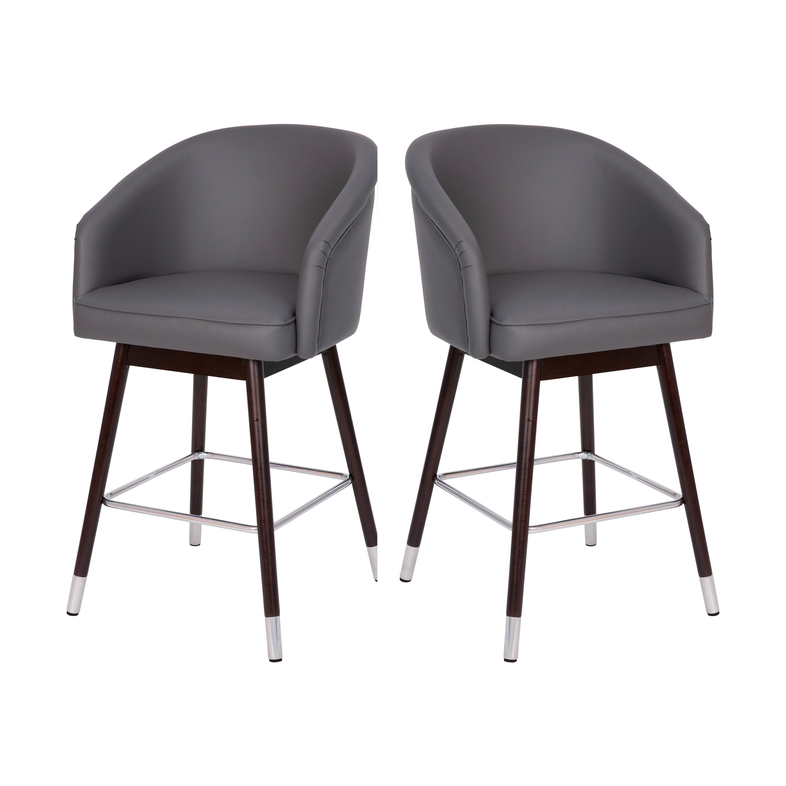 Margo 26" Commercial Mid-Back Modern Counter Stool, Walnut Finish Beechwood Legs and Contoured Back, Gray LeatherSoft/Bronze Accents - Set of 2