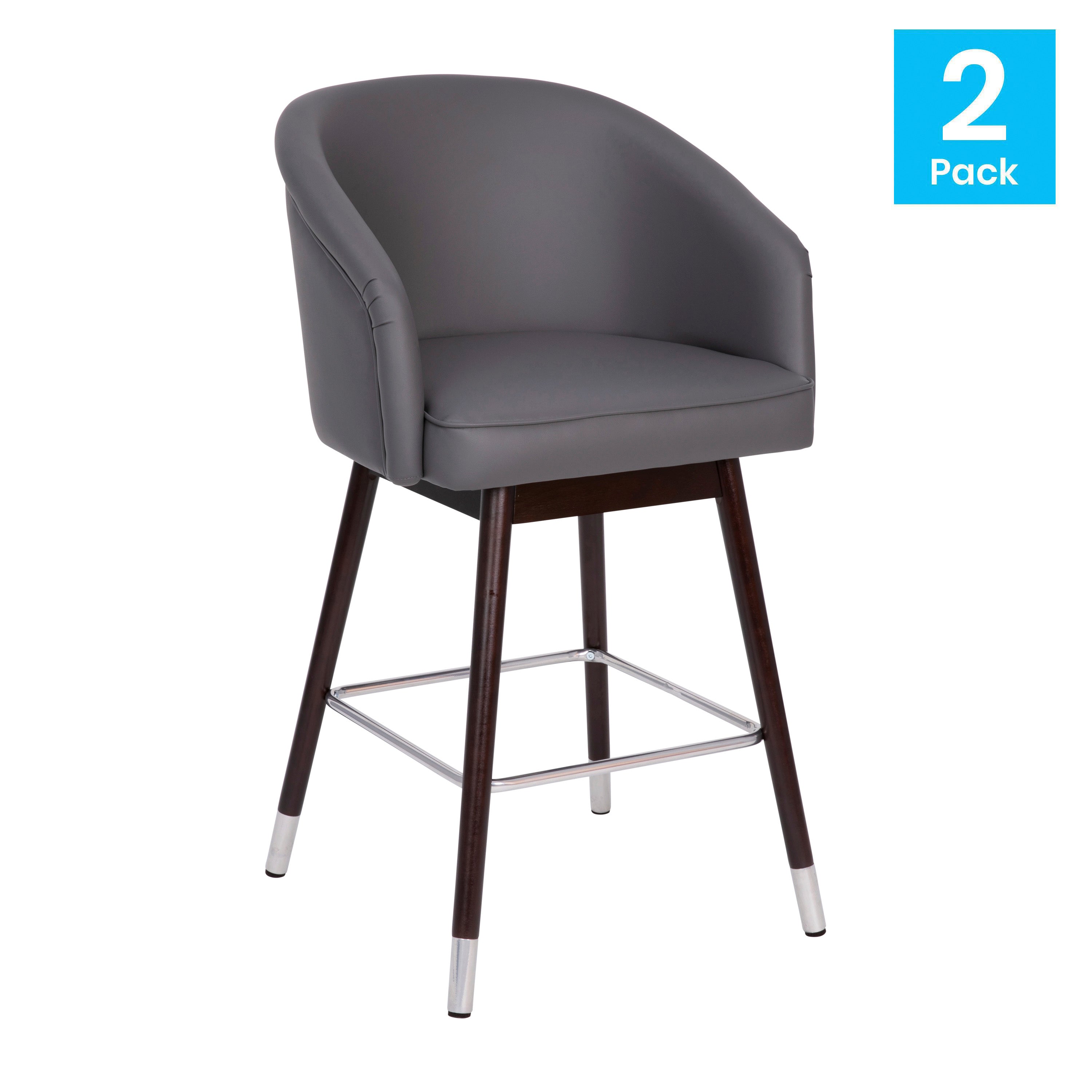 Margo 26" Commercial Mid-Back Modern Counter Stool, Walnut Finish Beechwood Legs and Contoured Back, Gray LeatherSoft/Bronze Accents - Set of 2
