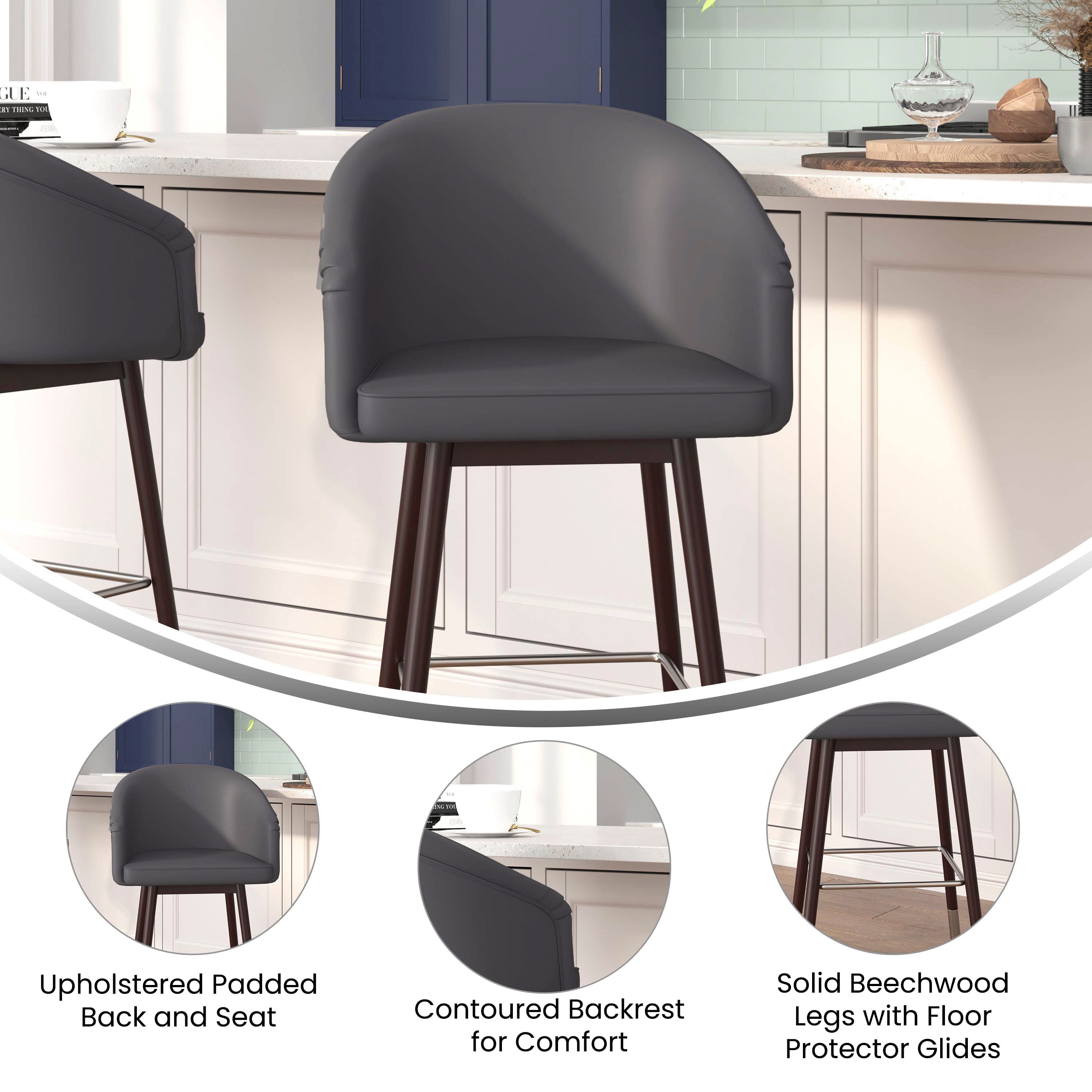 Margo 26" Commercial Mid-Back Modern Counter Stool, Walnut Finish Beechwood Legs and Contoured Back, Gray LeatherSoft/Bronze Accents - Set of 2