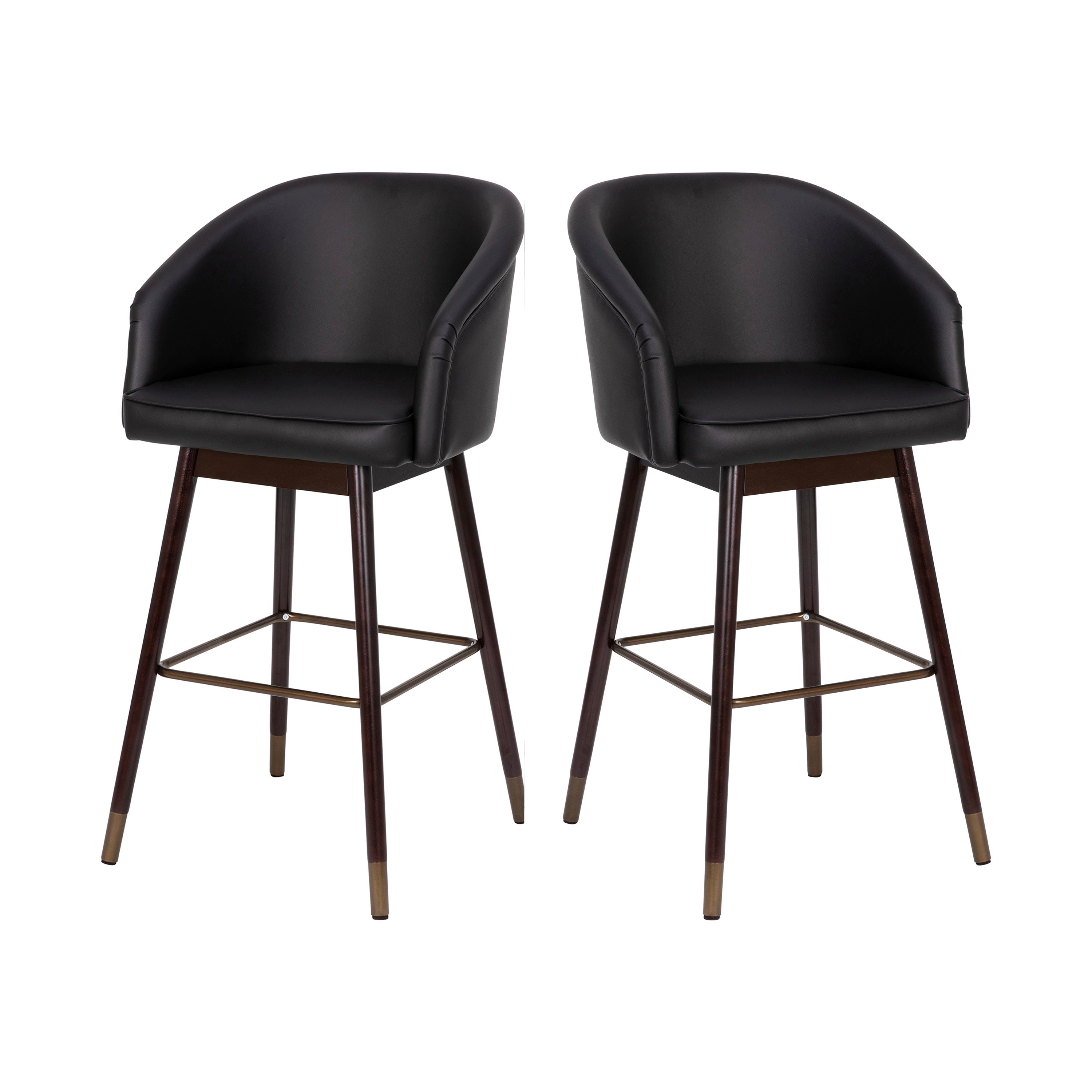 Margo 30" Commercial Grade Mid-Back Modern Barstool with Walnut Finish Beechwood Legs and Curved Back, Black LeatherSoft/Bronze Accents-Set of 2