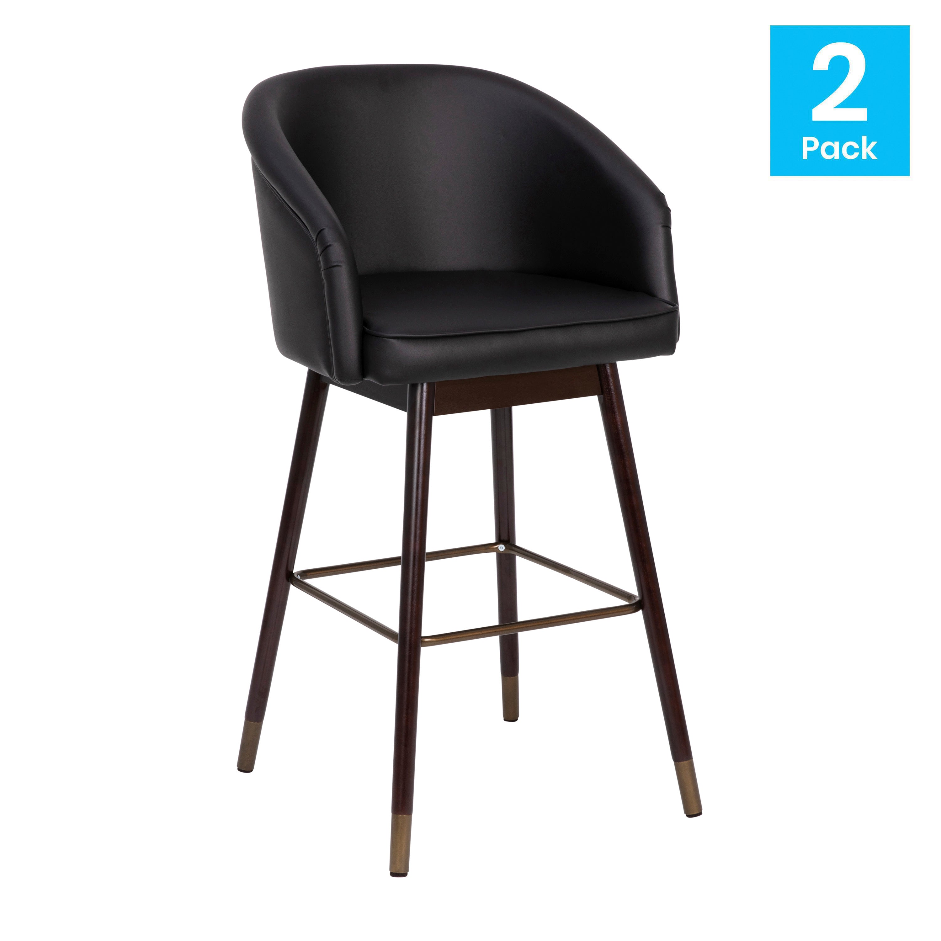 Margo 30" Commercial Grade Mid-Back Modern Barstool with Walnut Finish Beechwood Legs and Curved Back, Black LeatherSoft/Bronze Accents-Set of 2