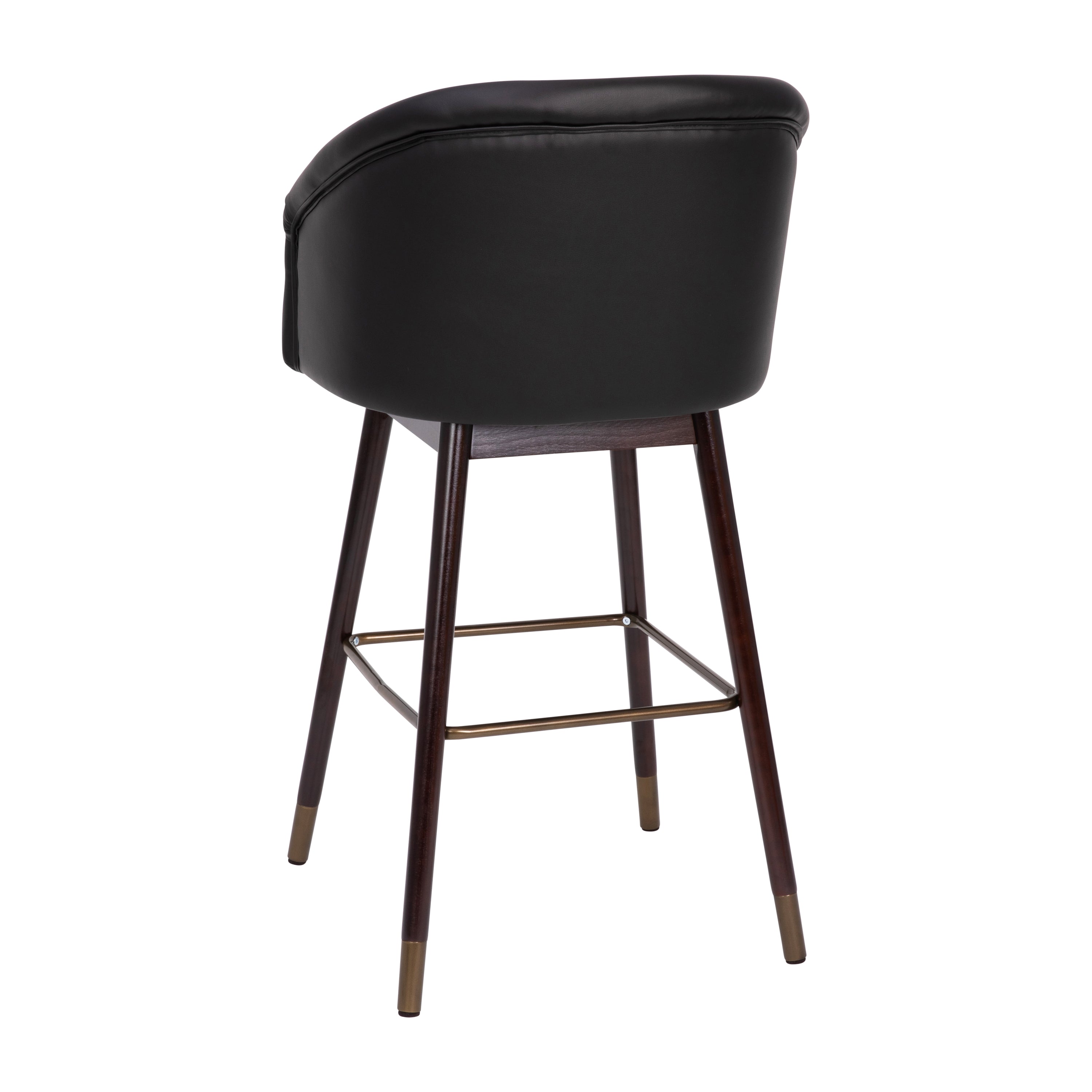Margo 30" Commercial Grade Mid-Back Modern Barstool with Walnut Finish Beechwood Legs and Curved Back, Black LeatherSoft/Bronze Accents-Set of 2