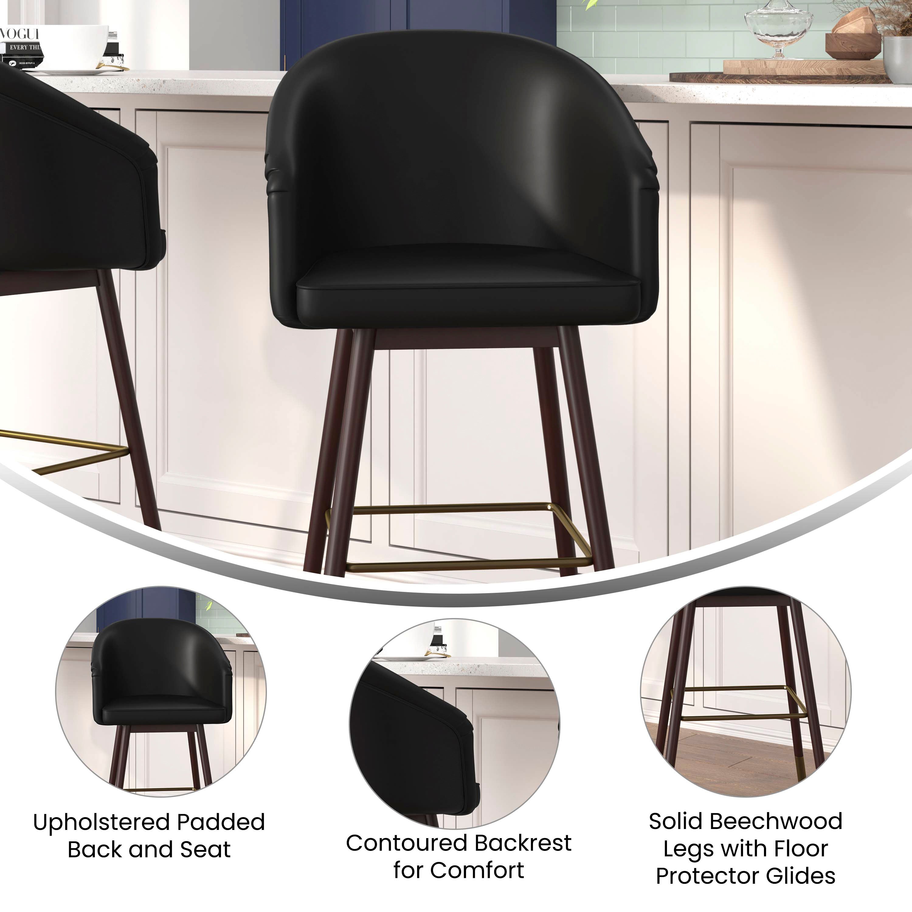 Margo 30" Commercial Grade Mid-Back Modern Barstool with Walnut Finish Beechwood Legs and Curved Back, Black LeatherSoft/Bronze Accents-Set of 2