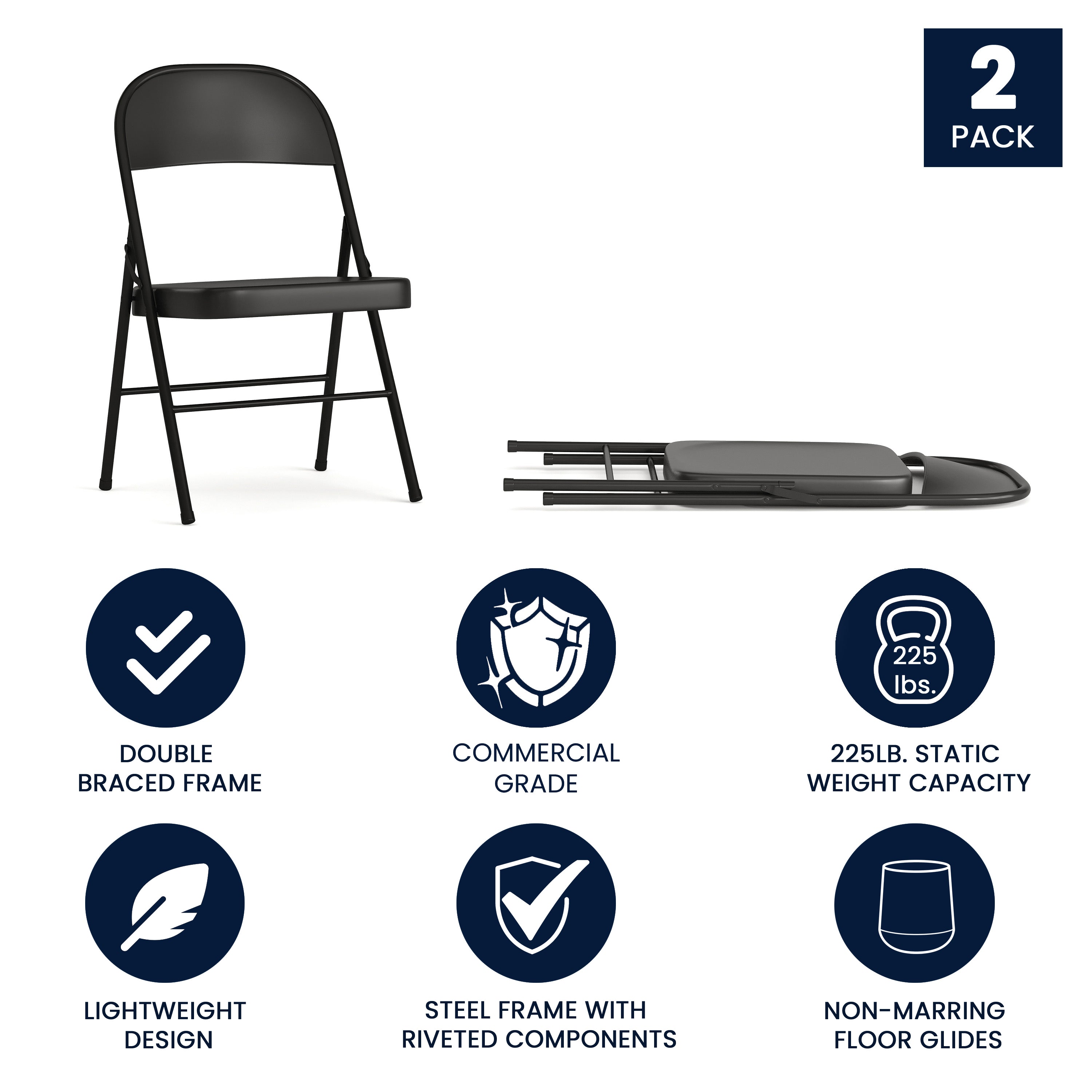 2 Pack HERCULES Series Double Braced Black Metal Folding Chair