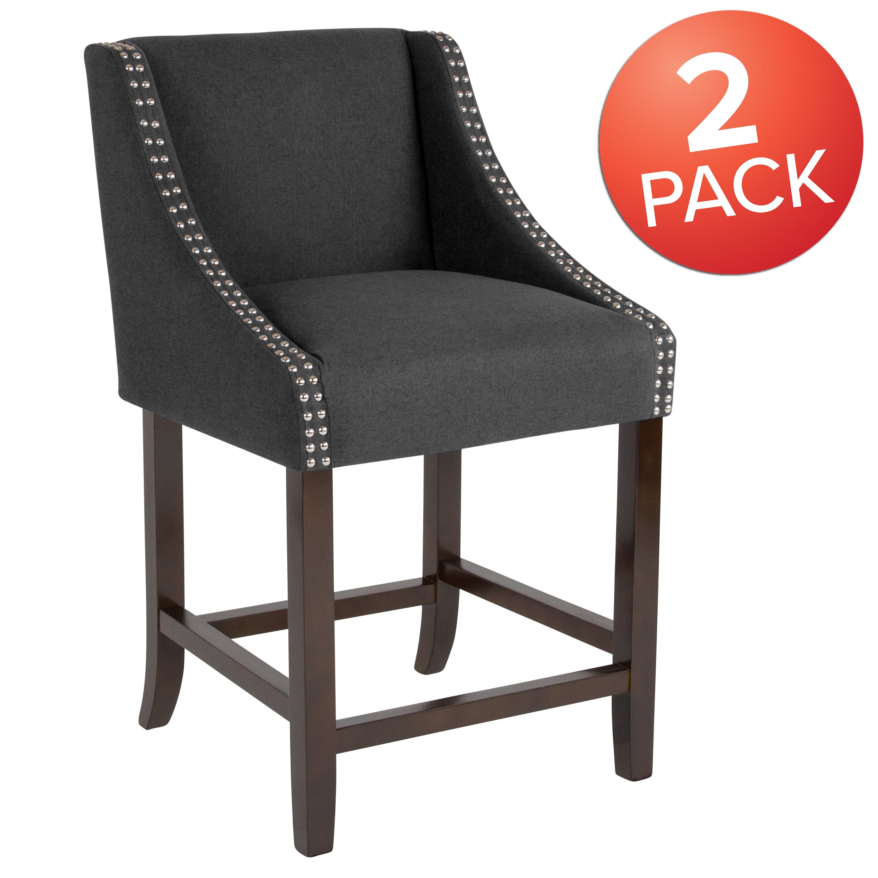 Carmel Series 24" High Transitional Walnut Counter Height Stool with Nail Trim in Charcoal Fabric, Set of 2