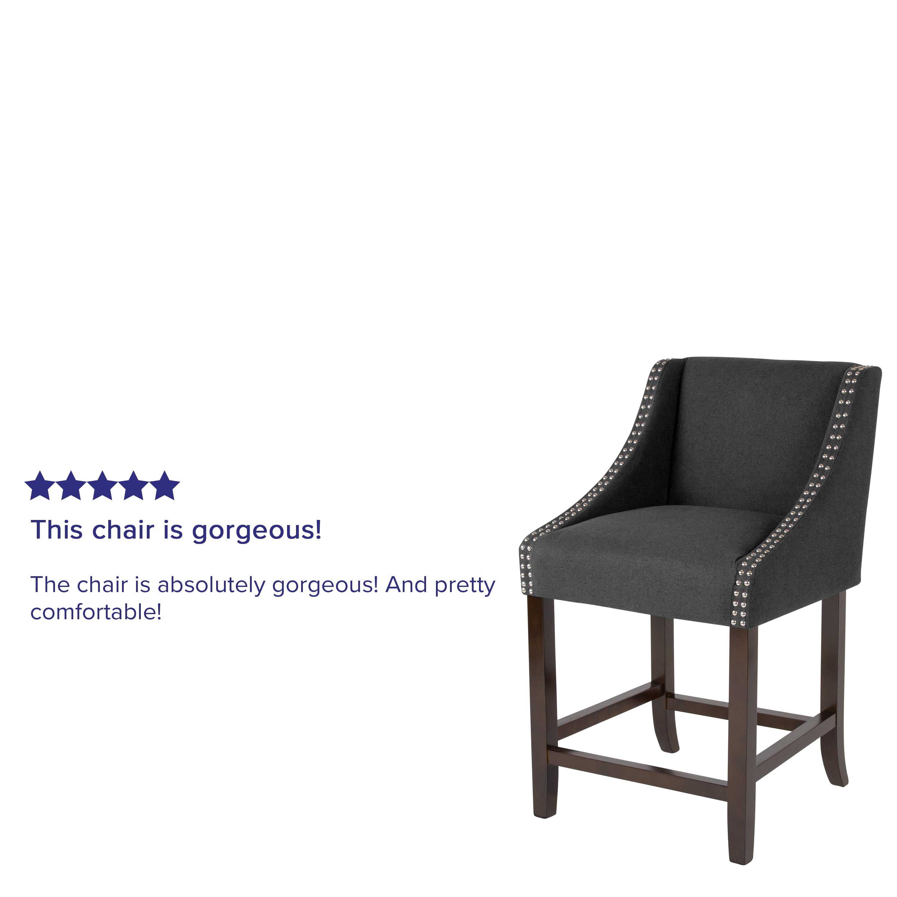 Carmel Series 24" High Transitional Walnut Counter Height Stool with Nail Trim in Charcoal Fabric, Set of 2