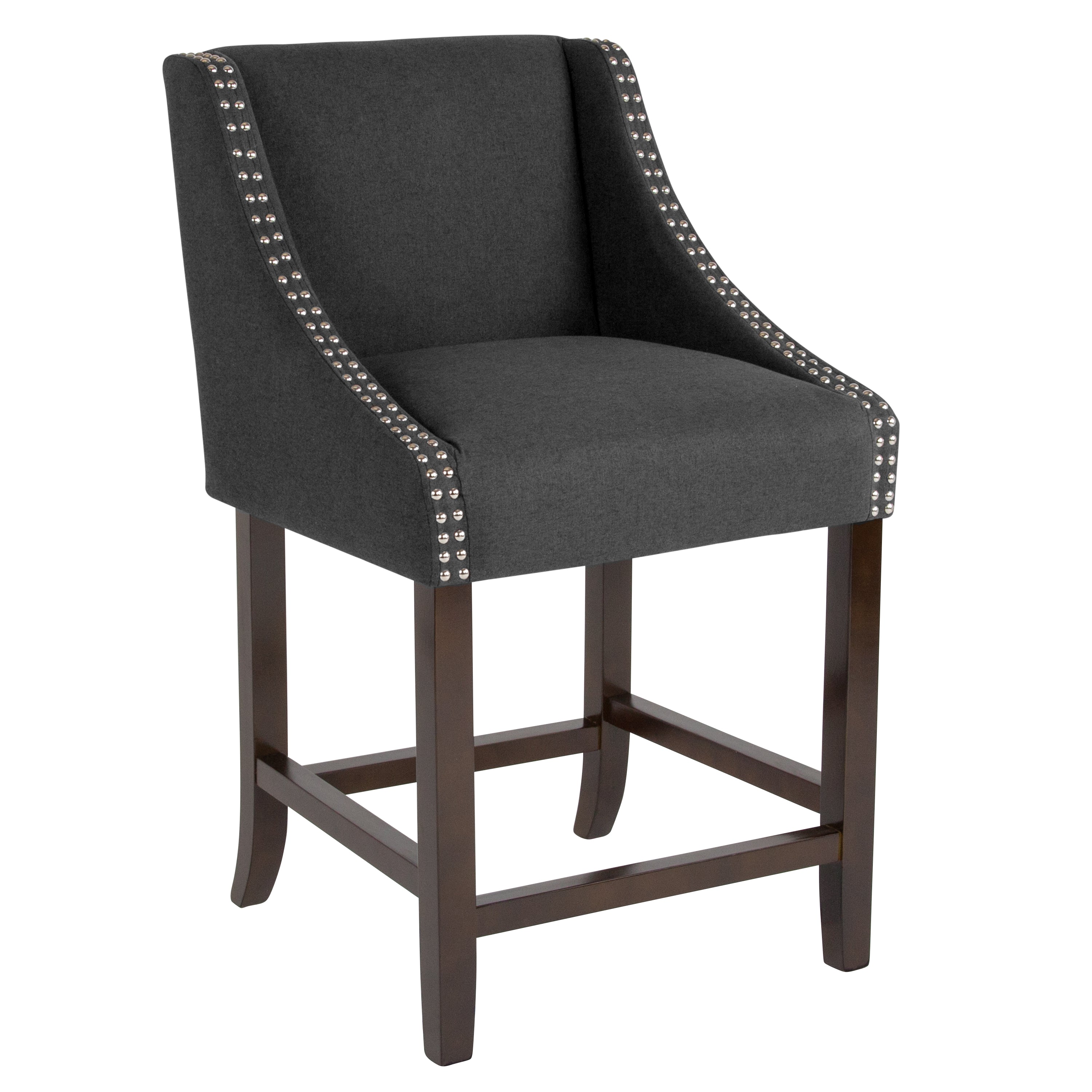 Carmel Series 24" High Transitional Walnut Counter Height Stool with Nail Trim in Charcoal Fabric, Set of 2