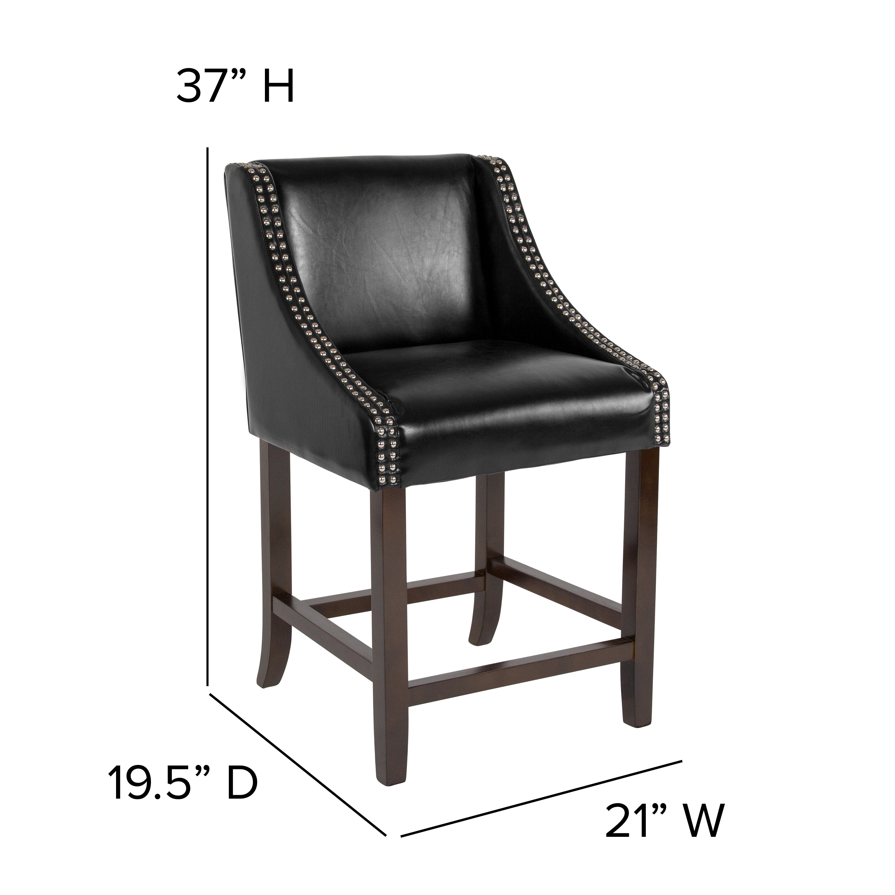 Carmel Series 24" High Transitional Walnut Counter Height Stool with Nail Trim in Black LeatherSoft, Set of 2