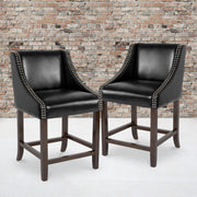 Carmel Series 24" High Transitional Walnut Counter Height Stool with Nail Trim in Black LeatherSoft, Set of 2