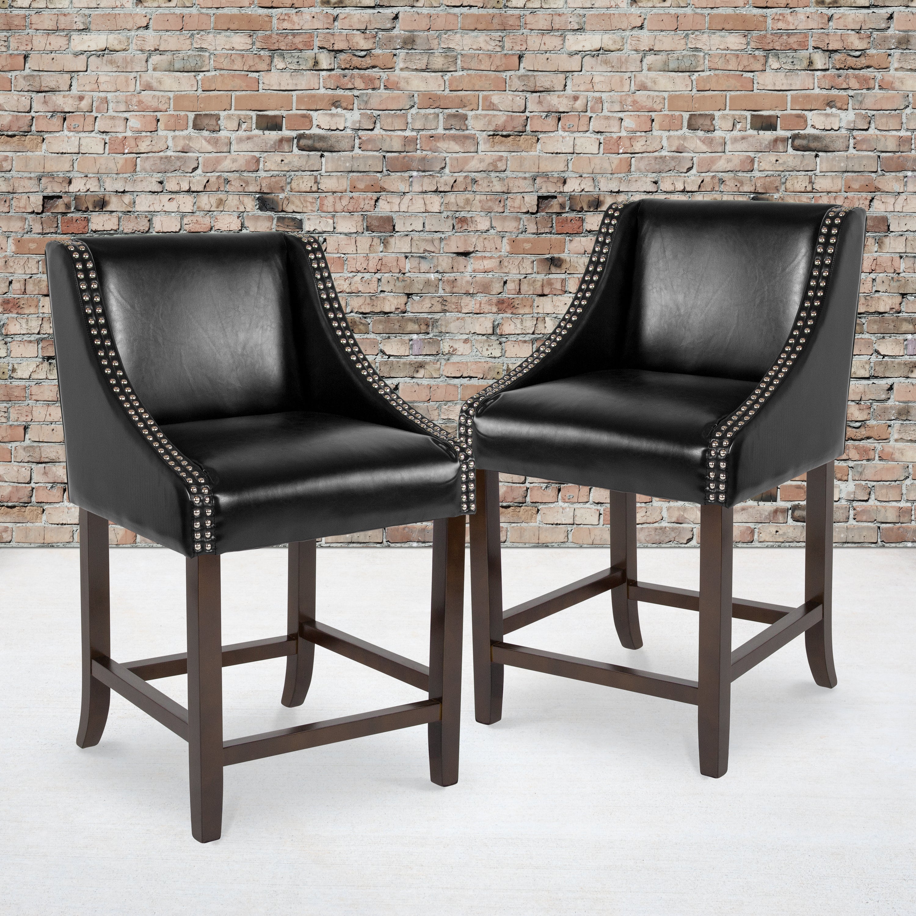 Carmel Series 24" High Transitional Walnut Counter Height Stool with Nail Trim in Black LeatherSoft, Set of 2