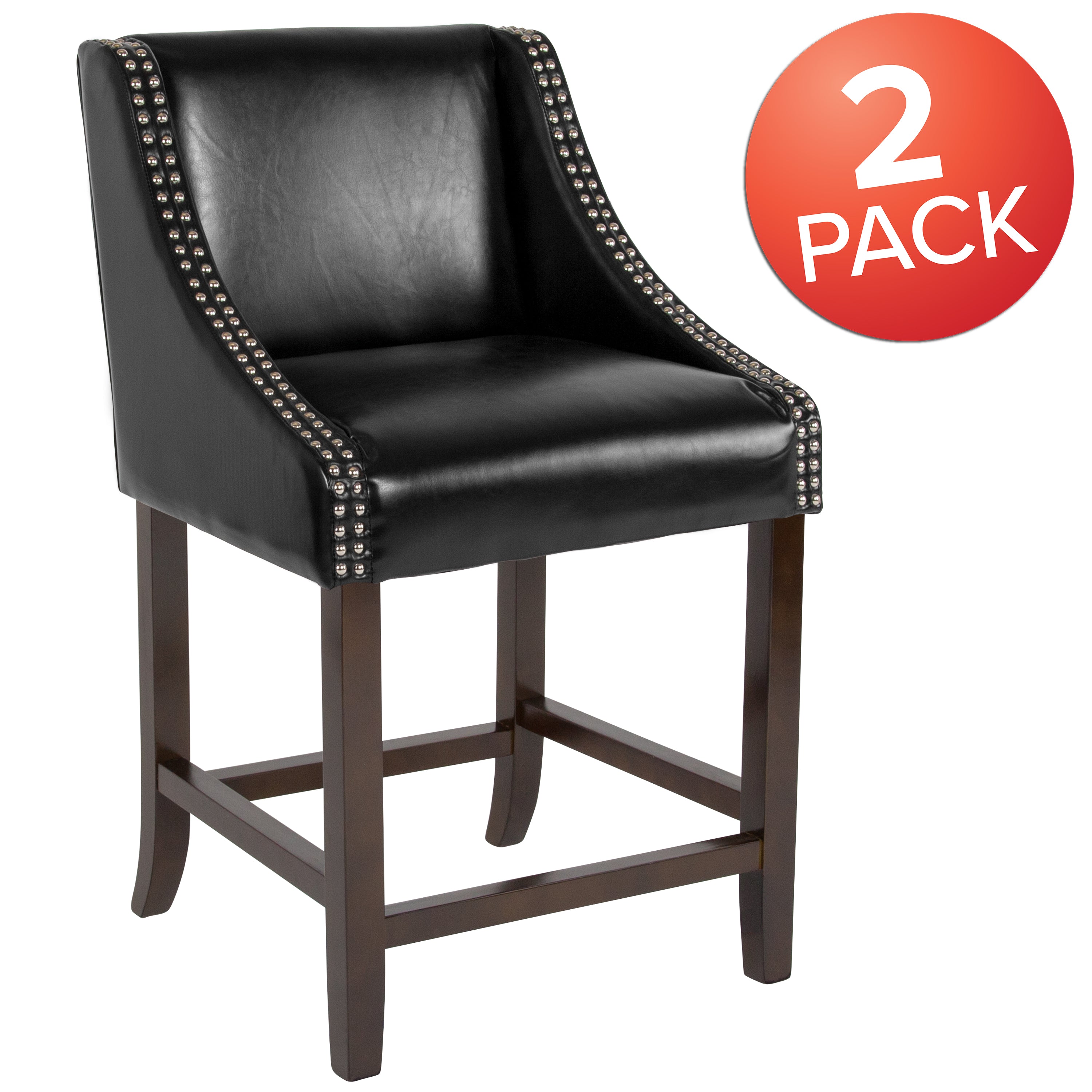 Carmel Series 24" High Transitional Walnut Counter Height Stool with Nail Trim in Black LeatherSoft, Set of 2