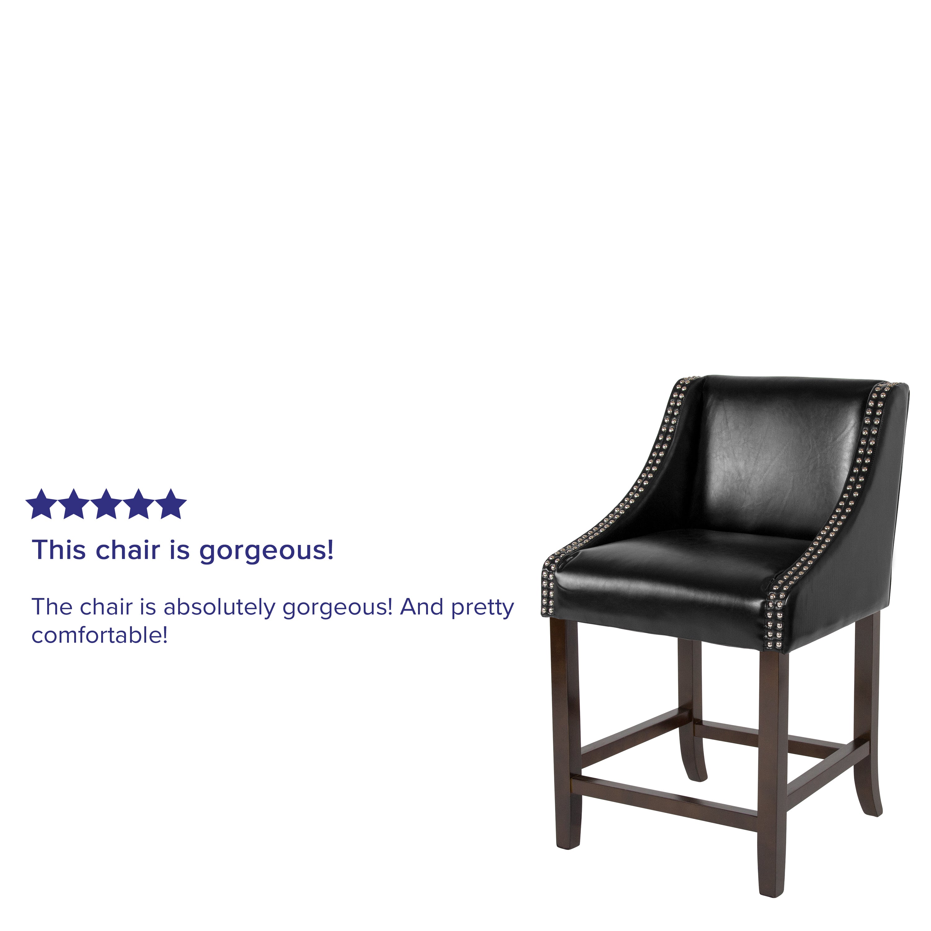 Carmel Series 24" High Transitional Walnut Counter Height Stool with Nail Trim in Black LeatherSoft, Set of 2