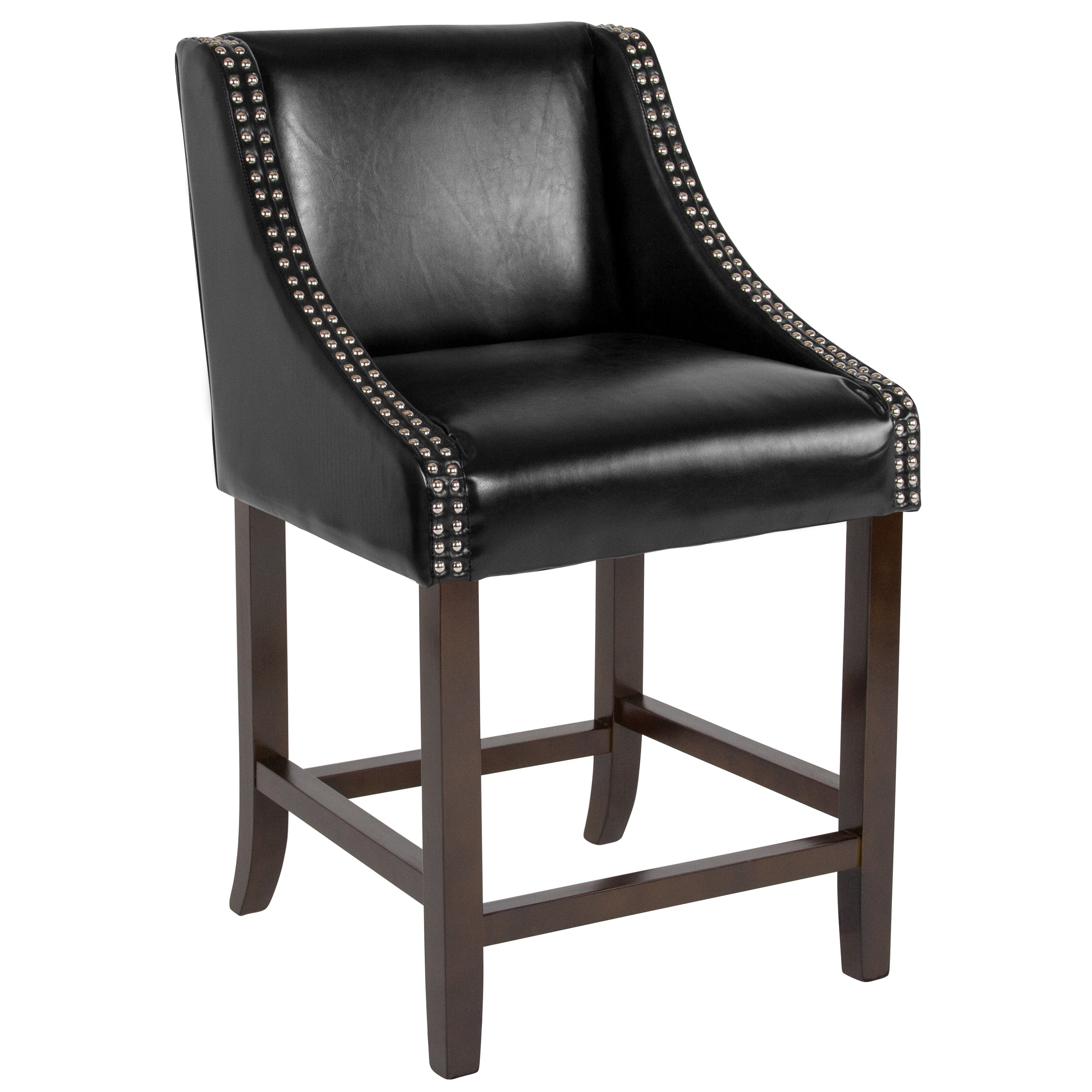 Carmel Series 24" High Transitional Walnut Counter Height Stool with Nail Trim in Black LeatherSoft, Set of 2