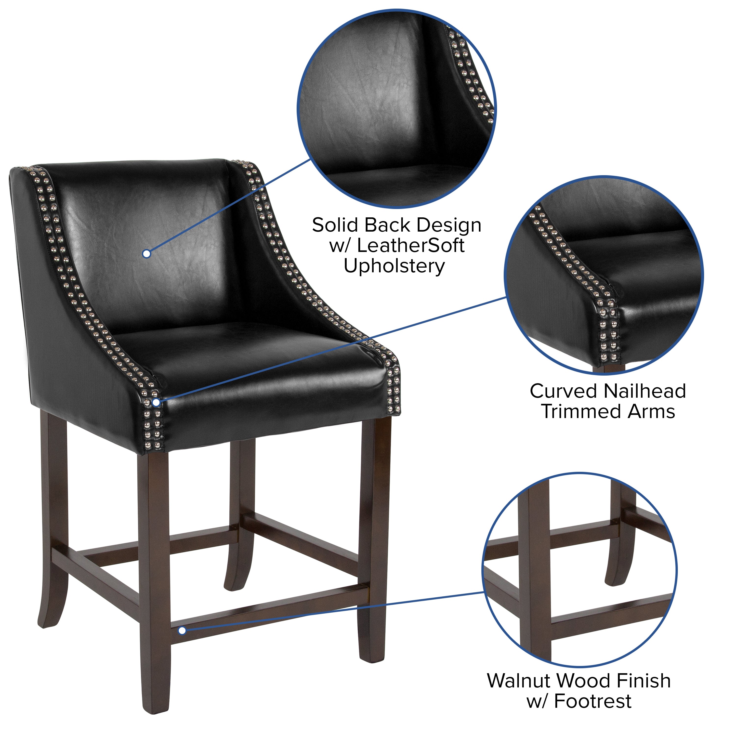 Carmel Series 24" High Transitional Walnut Counter Height Stool with Nail Trim in Black LeatherSoft, Set of 2