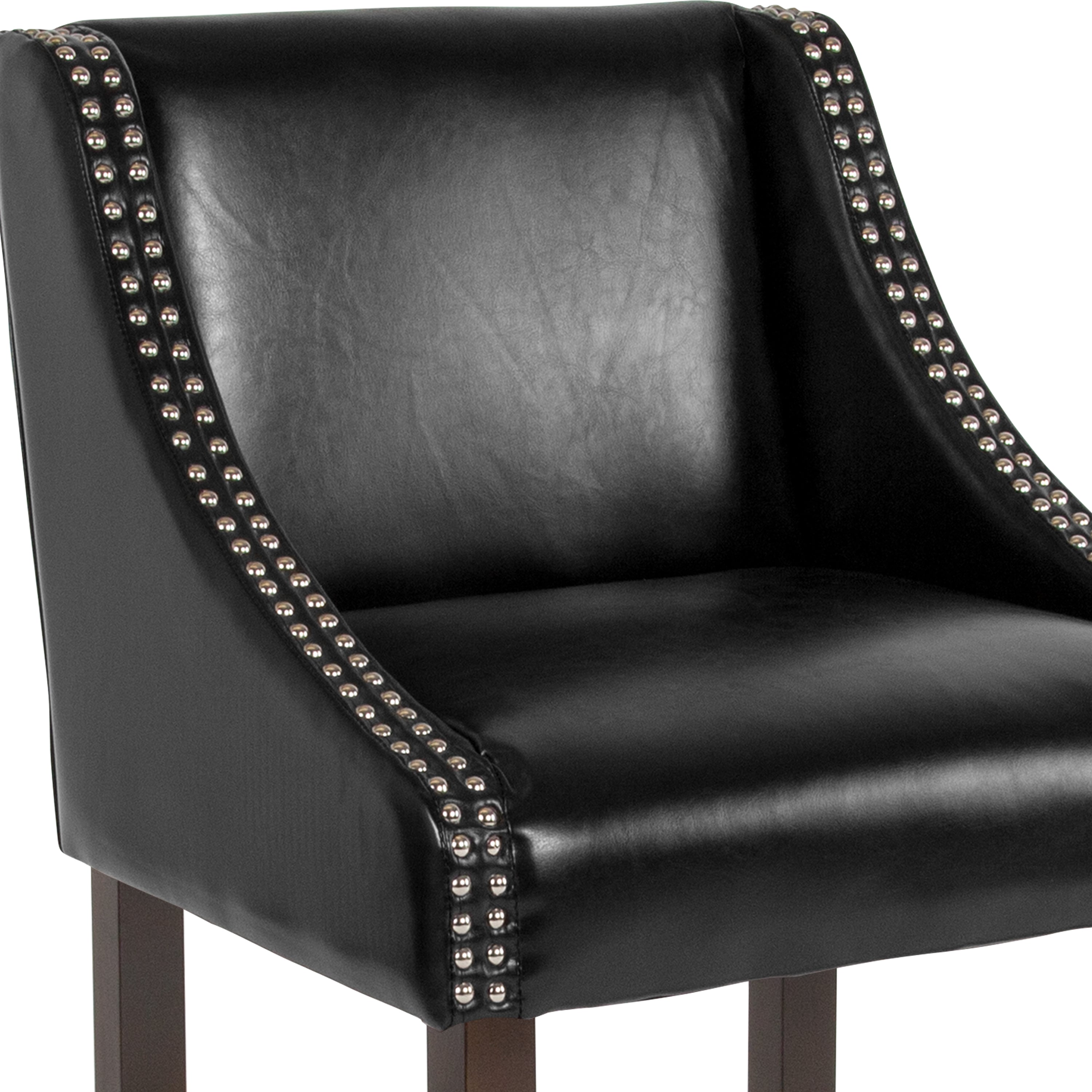 Carmel Series 24" High Transitional Walnut Counter Height Stool with Nail Trim in Black LeatherSoft, Set of 2