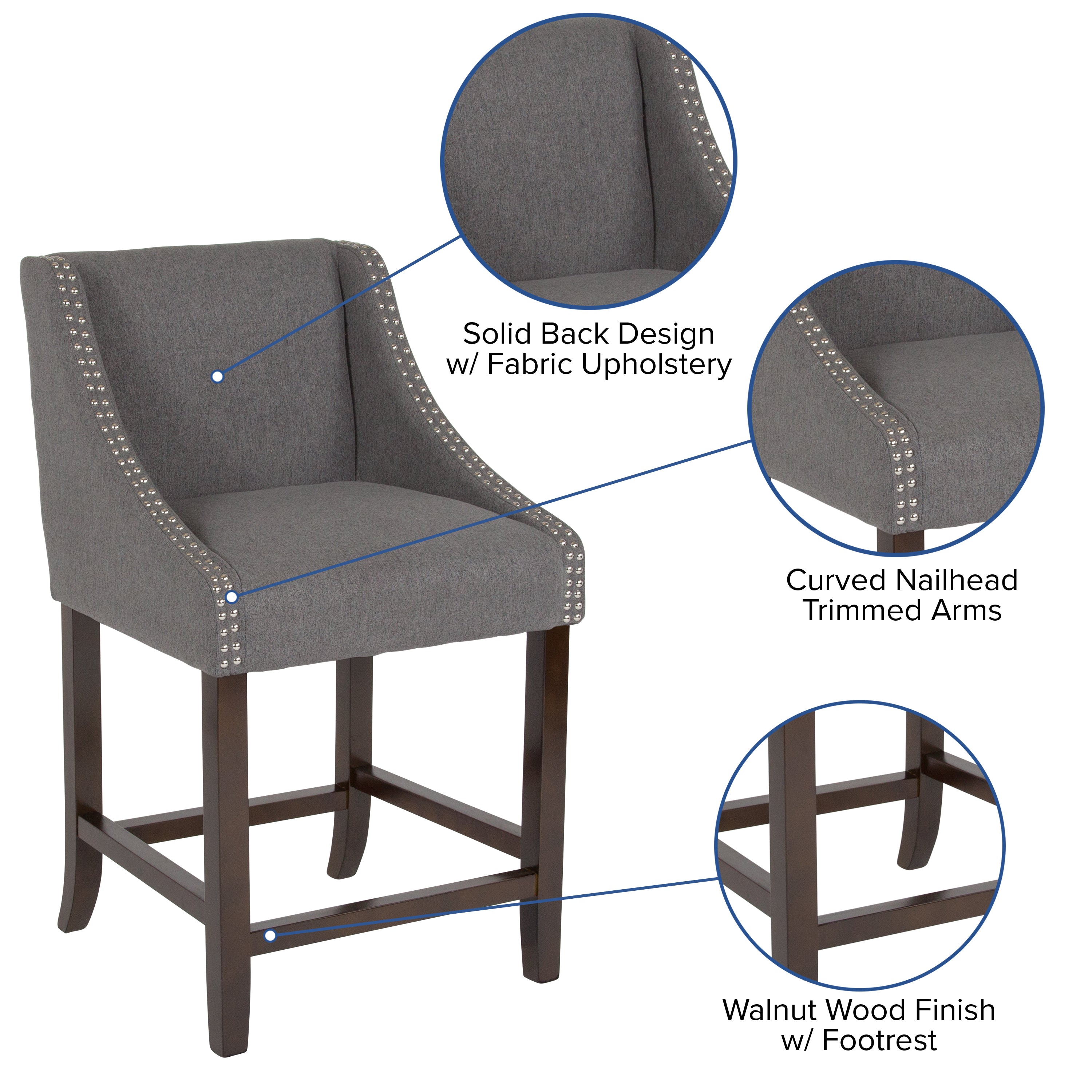Carmel Series 24" High Transitional Walnut Counter Height Stool with Nail Trim in Dark Gray Fabric, Set of 2
