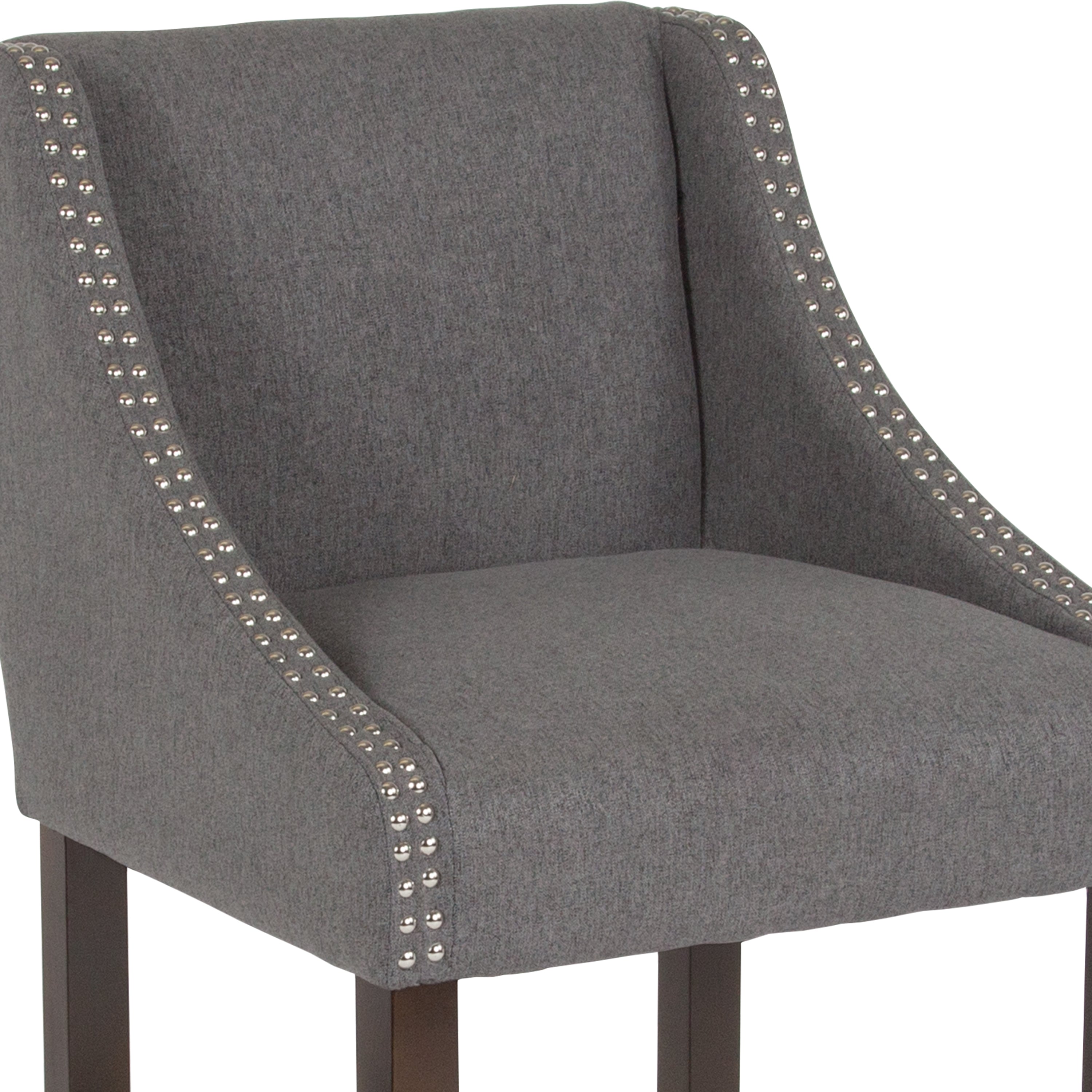 Carmel Series 24" High Transitional Walnut Counter Height Stool with Nail Trim in Dark Gray Fabric, Set of 2