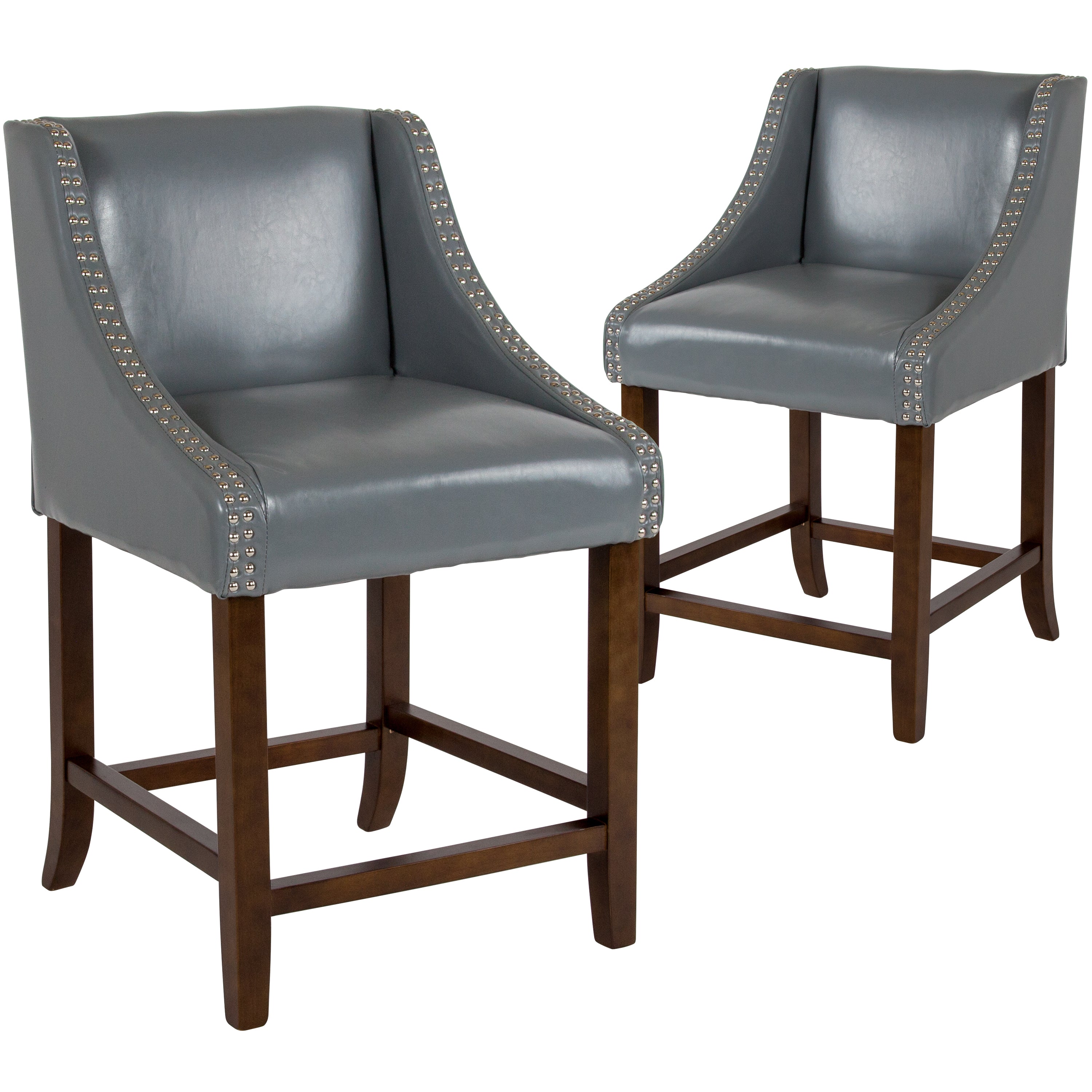 Carmel Series 24" High Transitional Walnut Counter Height Stool with Nail Trim in Light Gray LeatherSoft, Set of 2