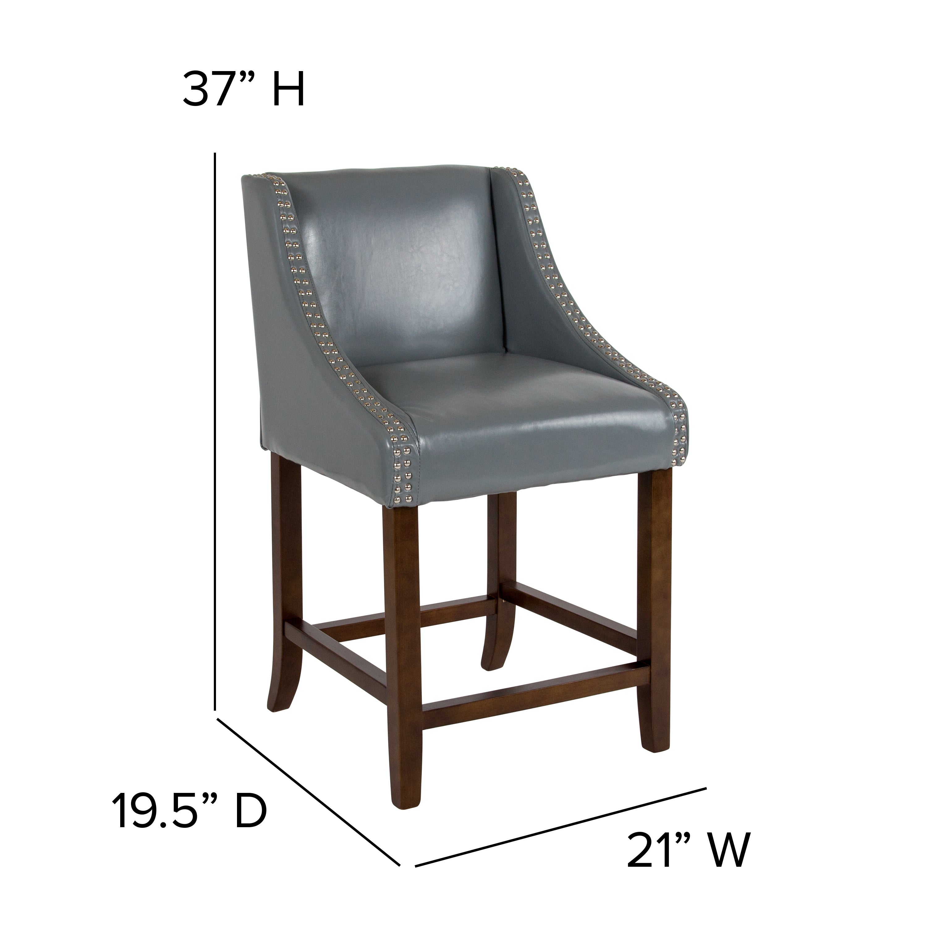 Carmel Series 24" High Transitional Walnut Counter Height Stool with Nail Trim in Light Gray LeatherSoft, Set of 2
