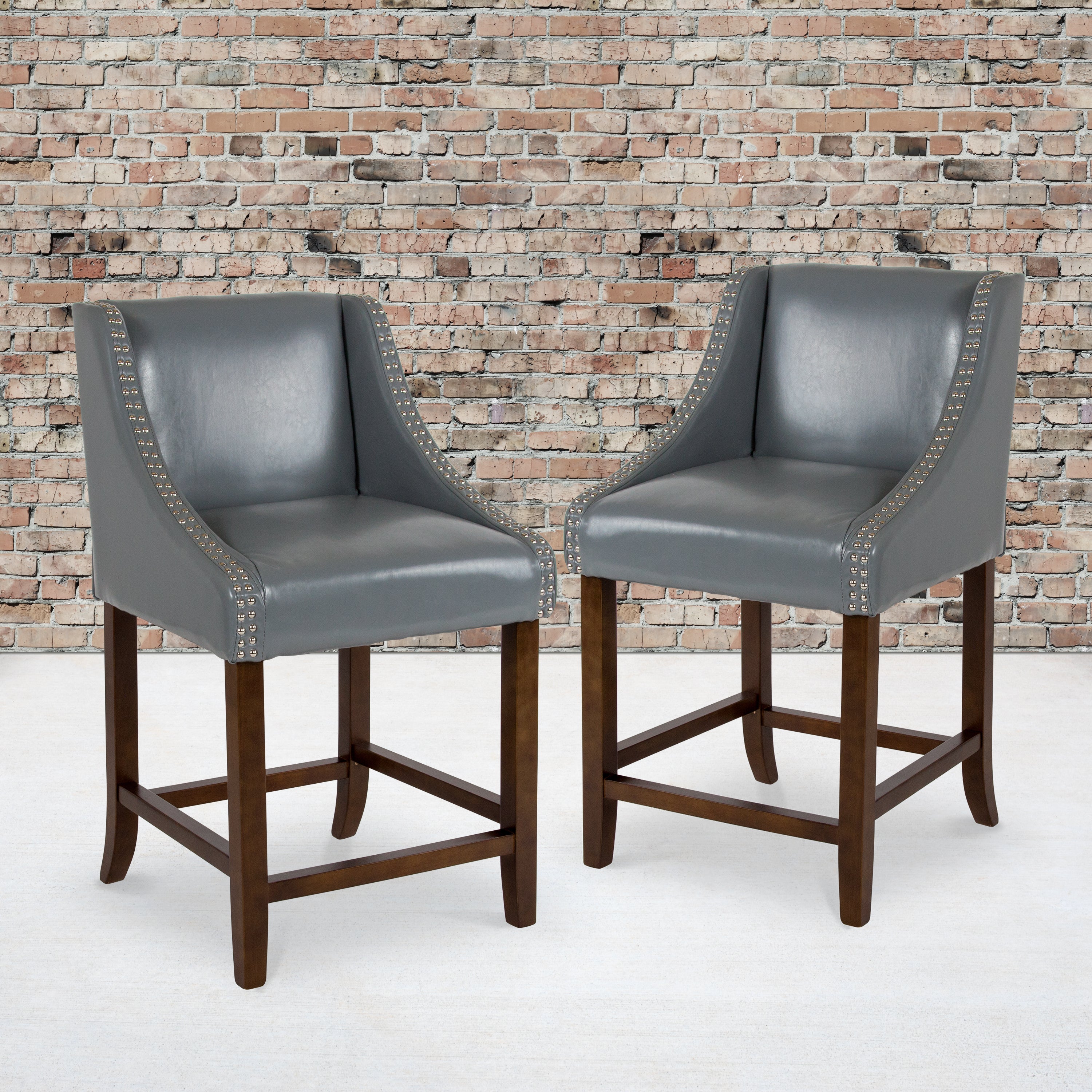 Carmel Series 24" High Transitional Walnut Counter Height Stool with Nail Trim in Light Gray LeatherSoft, Set of 2