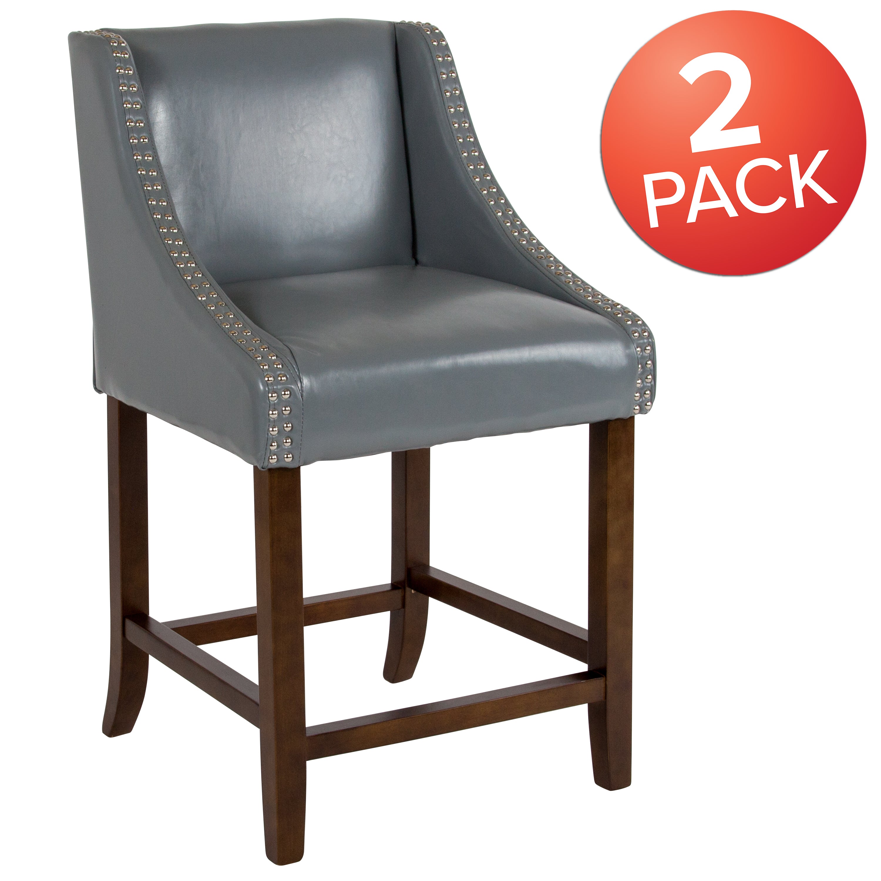 Carmel Series 24" High Transitional Walnut Counter Height Stool with Nail Trim in Light Gray LeatherSoft, Set of 2