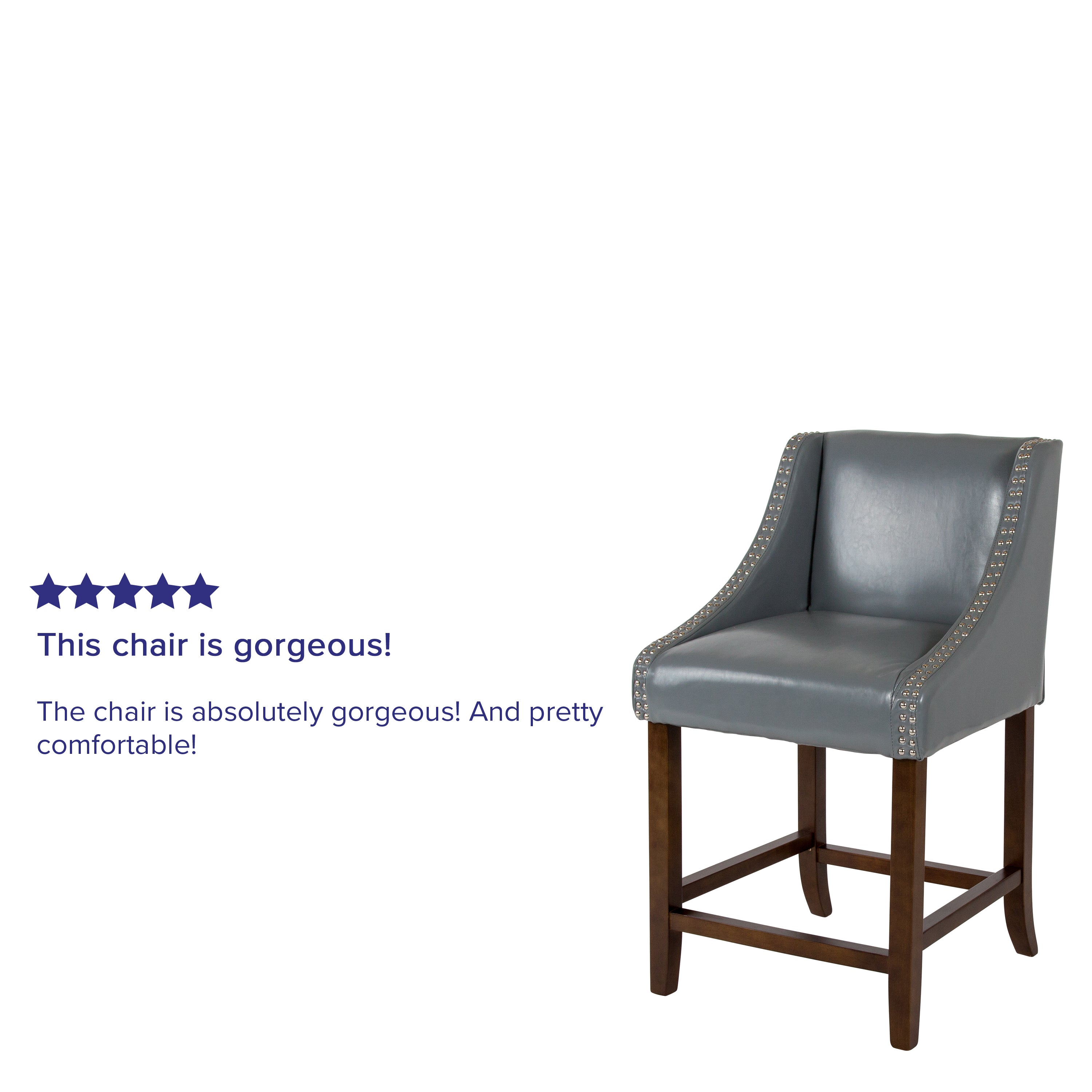 Carmel Series 24" High Transitional Walnut Counter Height Stool with Nail Trim in Light Gray LeatherSoft, Set of 2