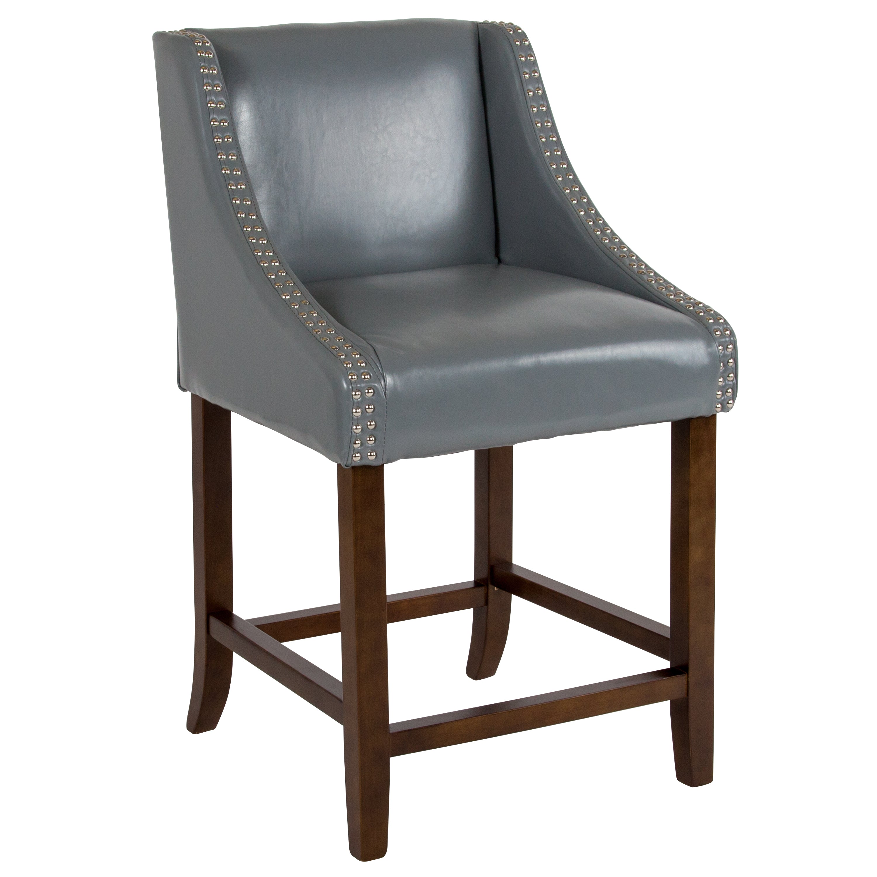 Carmel Series 24" High Transitional Walnut Counter Height Stool with Nail Trim in Light Gray LeatherSoft, Set of 2
