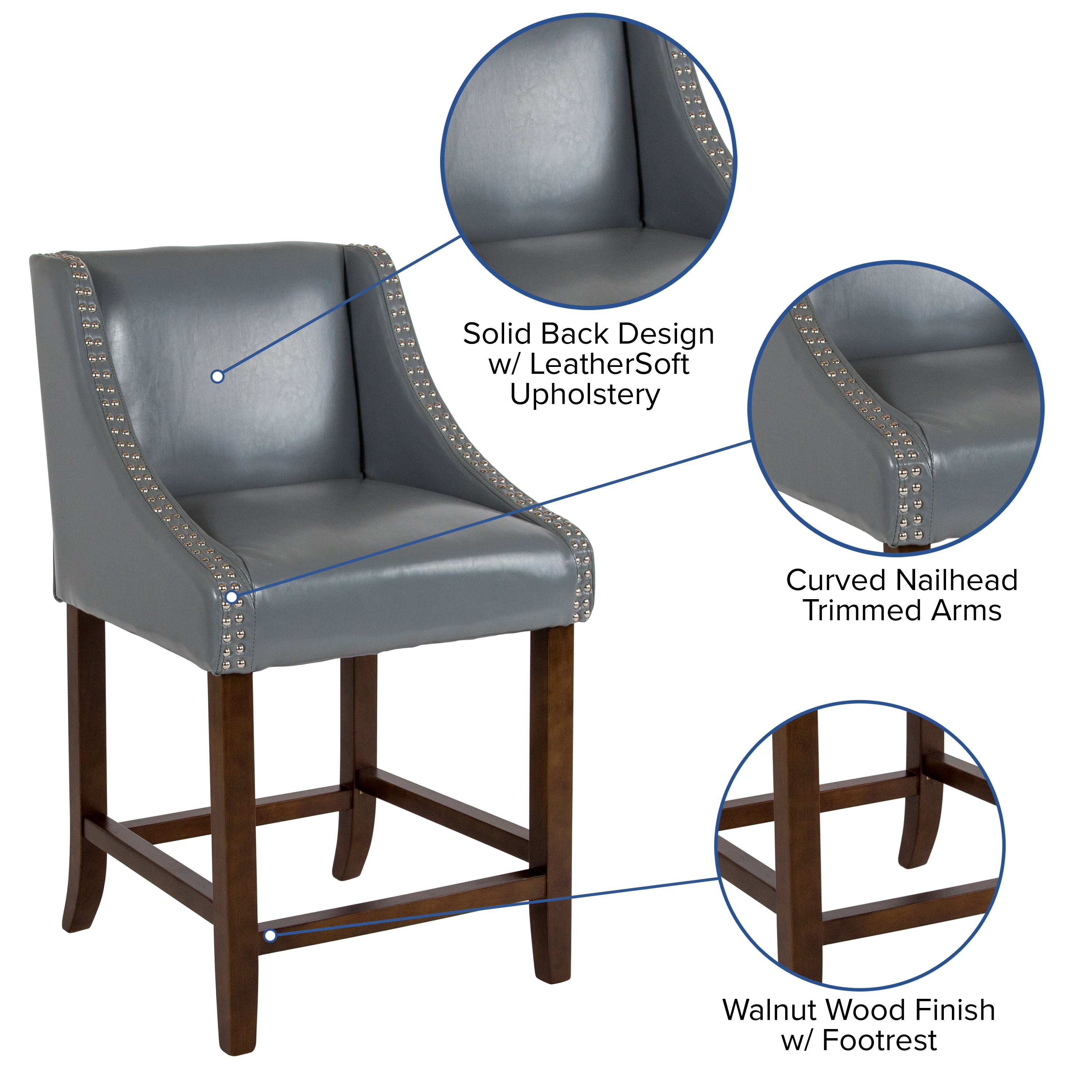 Carmel Series 24" High Transitional Walnut Counter Height Stool with Nail Trim in Light Gray LeatherSoft, Set of 2
