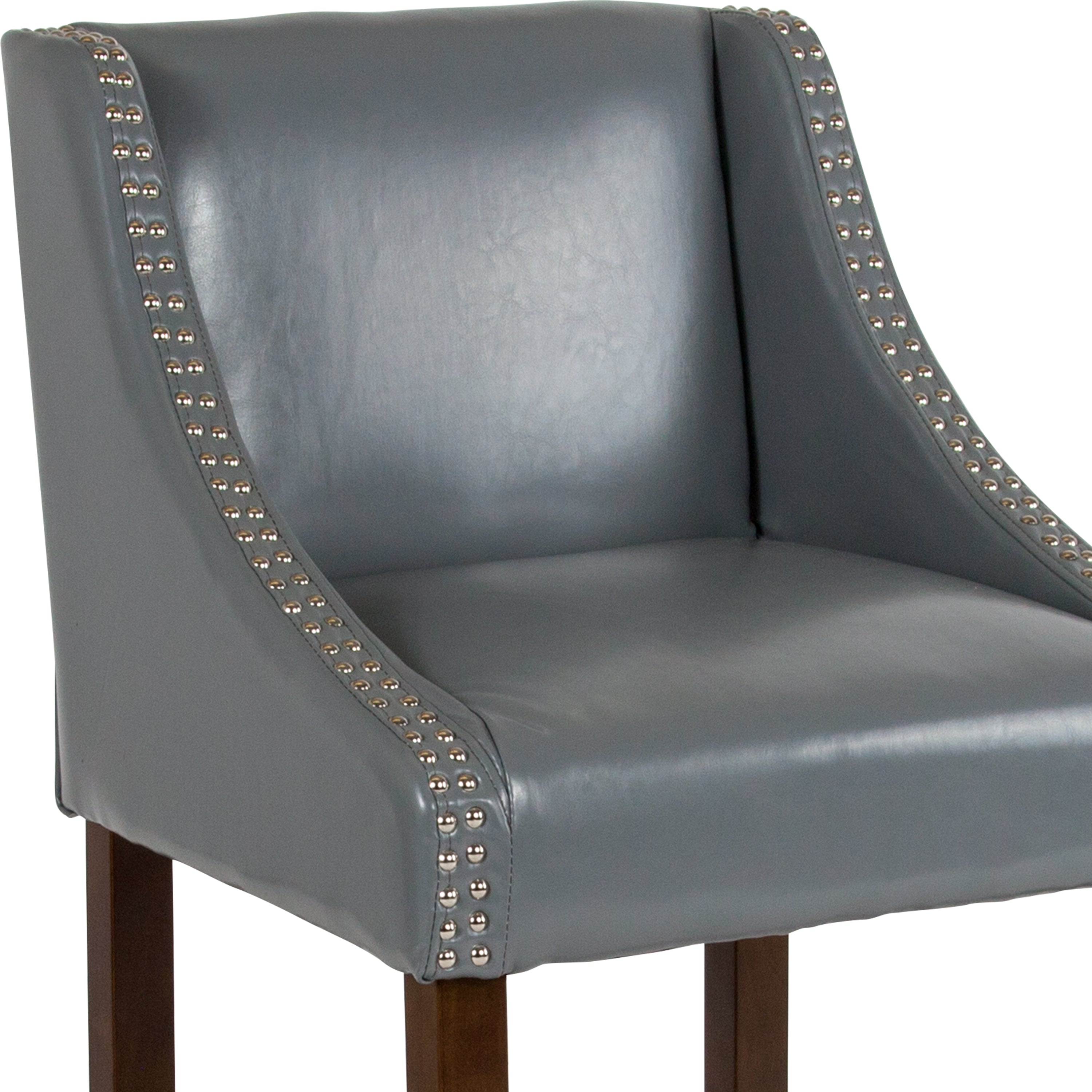 Carmel Series 24" High Transitional Walnut Counter Height Stool with Nail Trim in Light Gray LeatherSoft, Set of 2