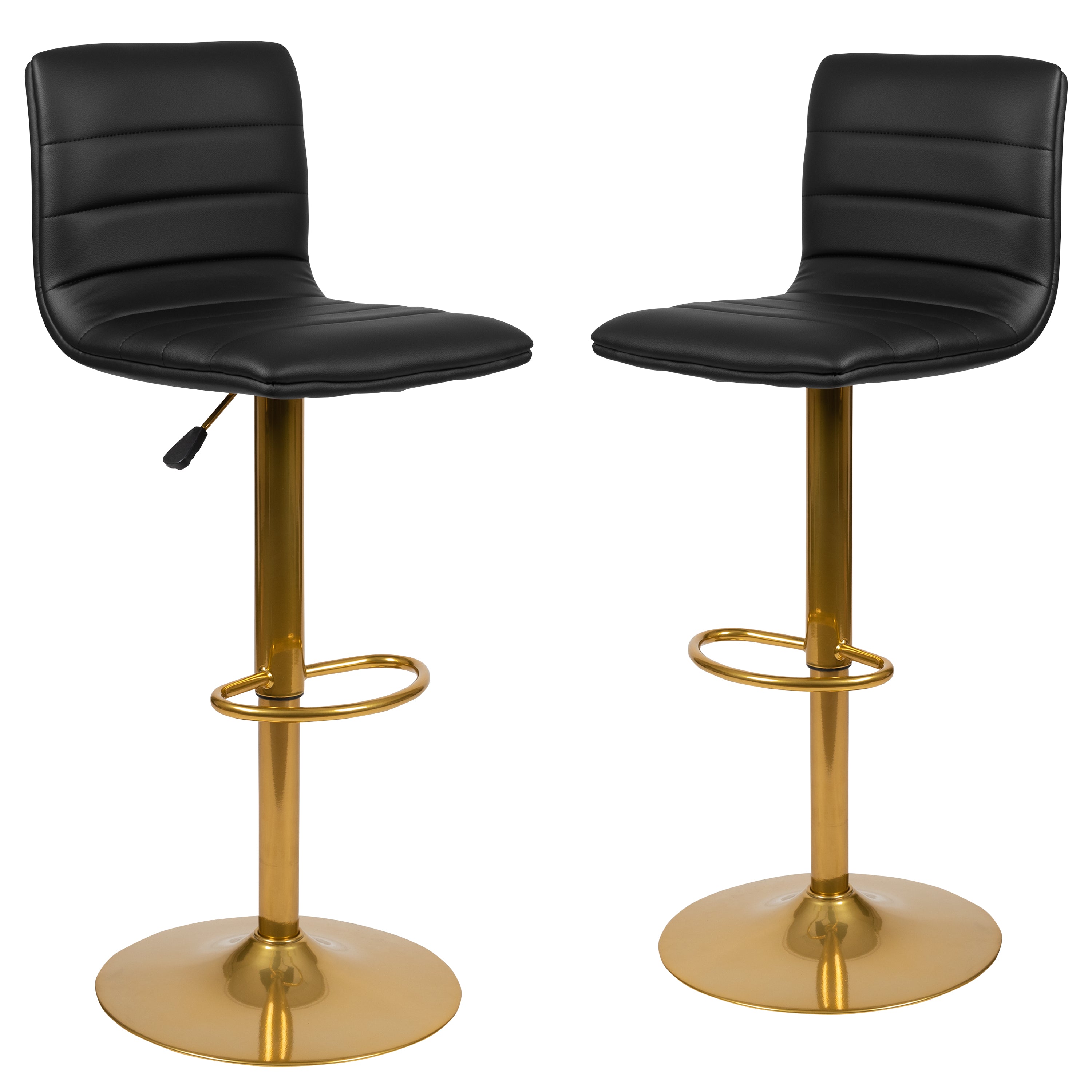 Vincent Modern Black Vinyl Adjustable Bar Stool with Back, Counter Height Swivel Stool with Gold Pedestal Base, Set of 2