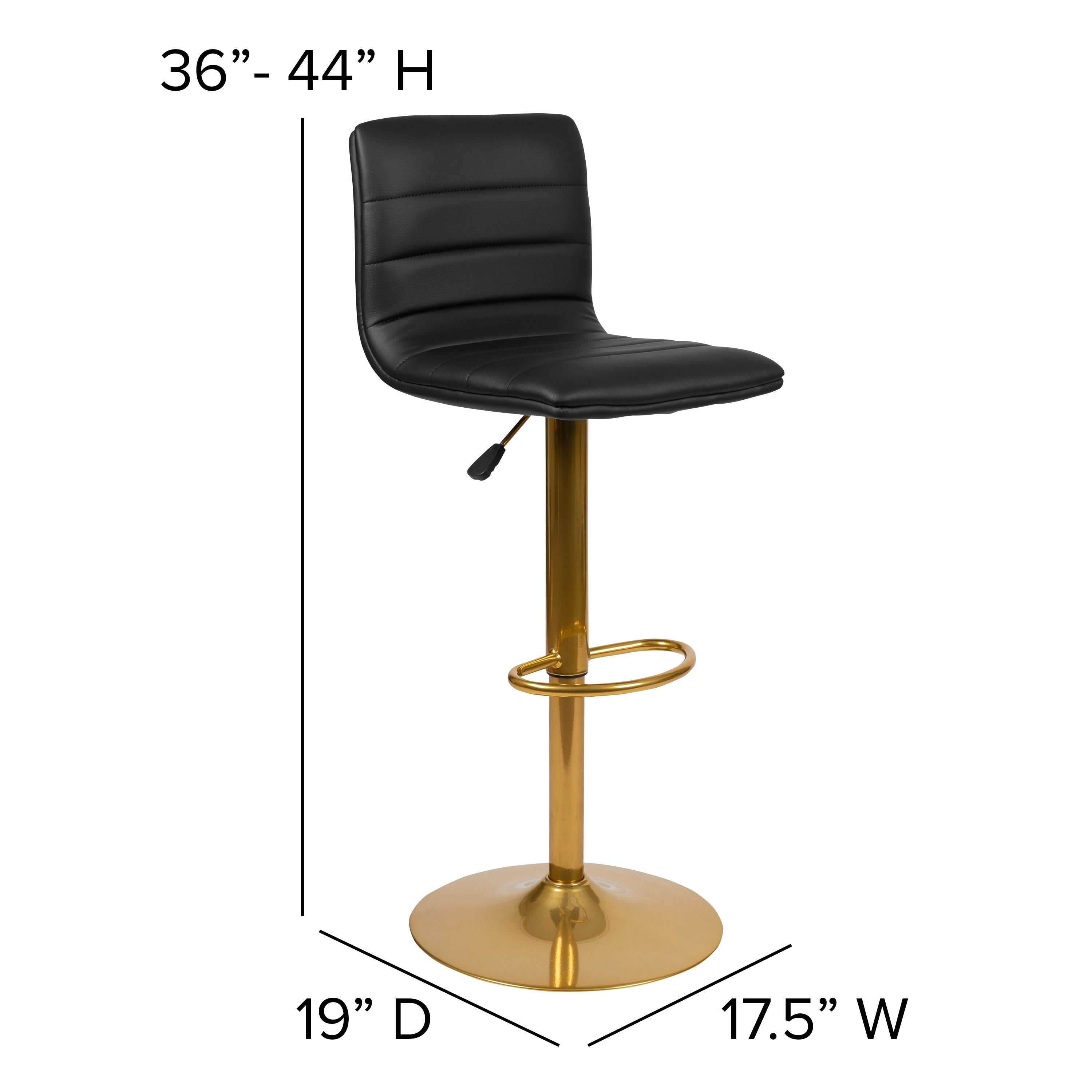 Vincent Modern Black Vinyl Adjustable Bar Stool with Back, Counter Height Swivel Stool with Gold Pedestal Base, Set of 2