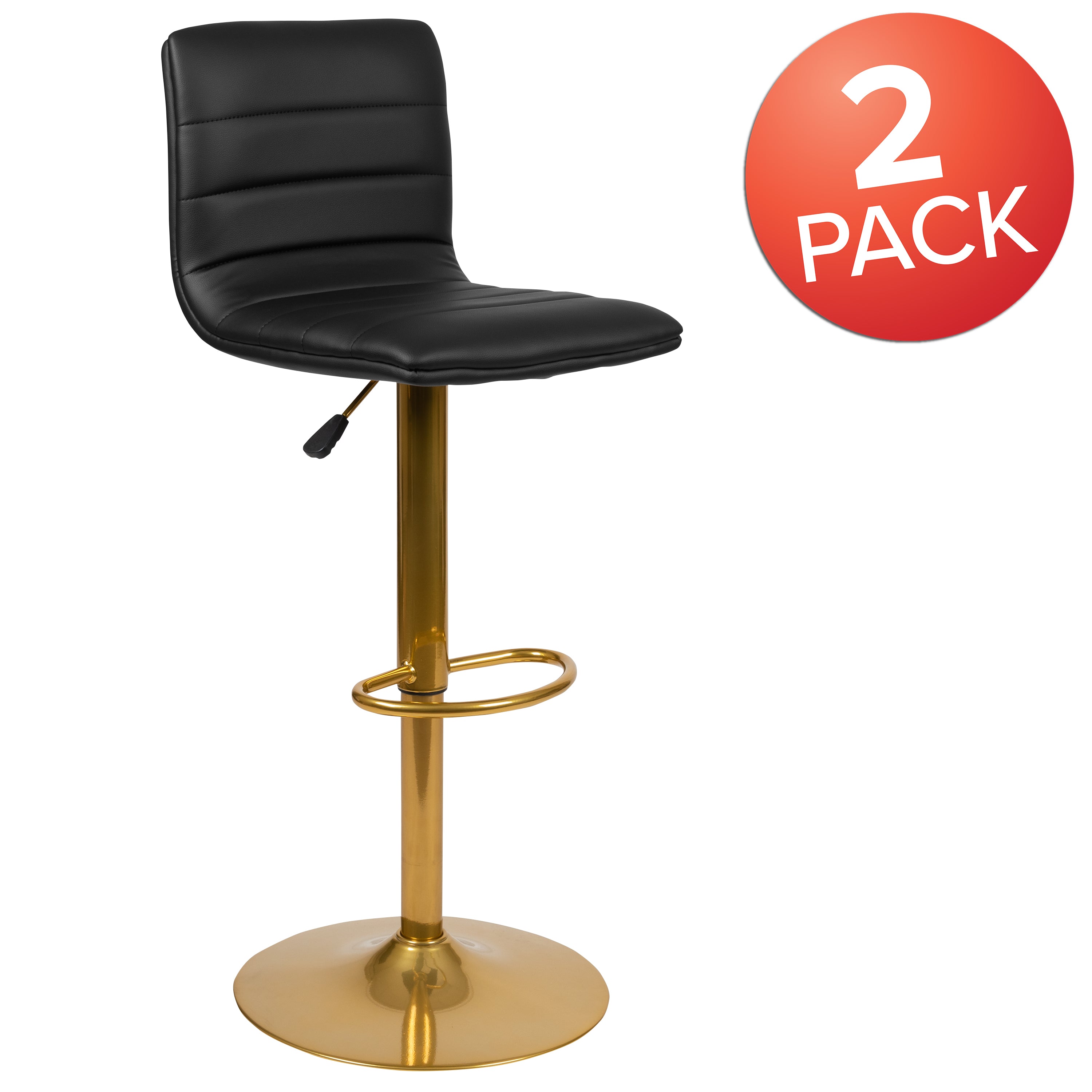 Vincent Modern Black Vinyl Adjustable Bar Stool with Back, Counter Height Swivel Stool with Gold Pedestal Base, Set of 2