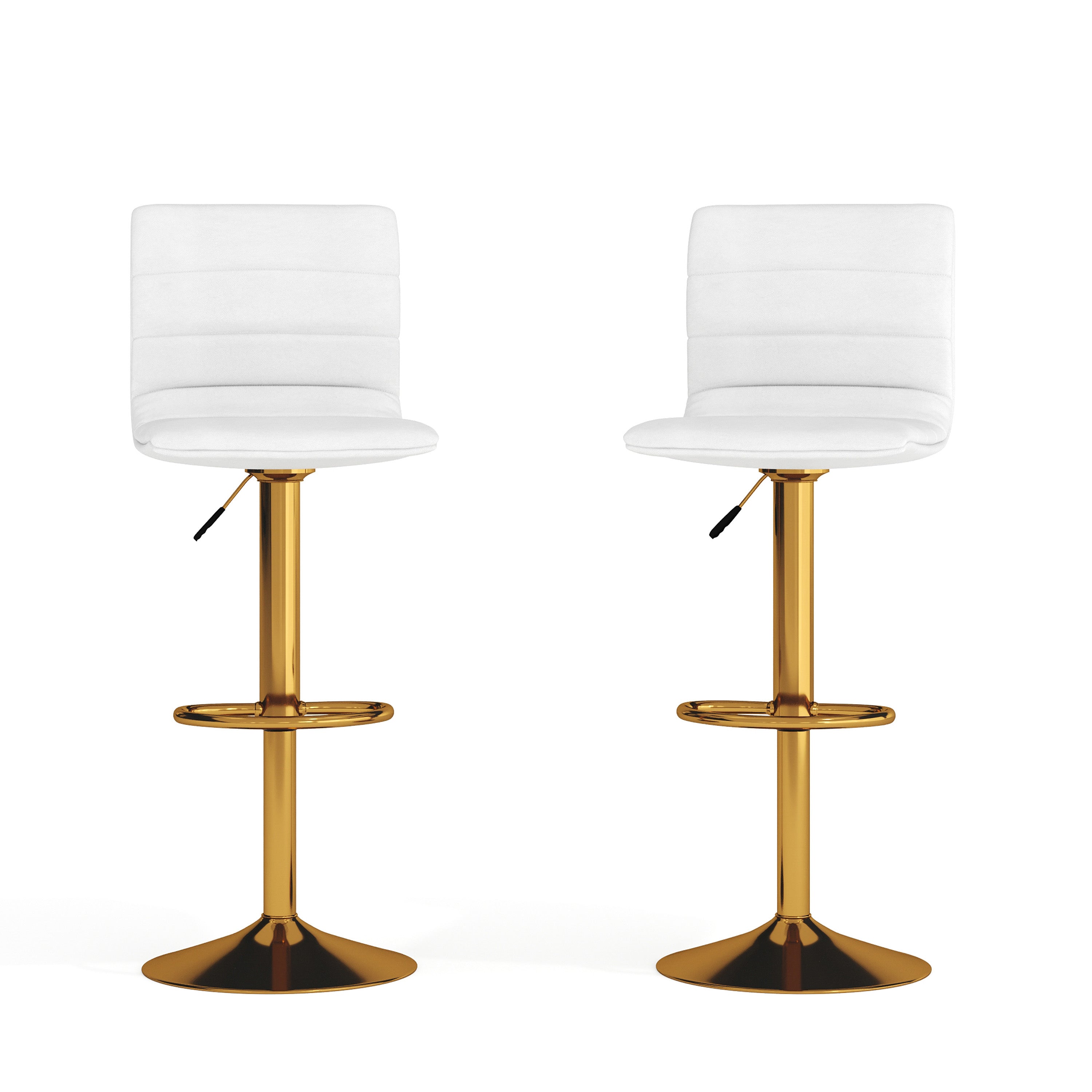 Vincent Modern White Vinyl Adjustable Bar Stool with Back, Counter Height Swivel Stool with Gold Pedestal Base, Set of 2